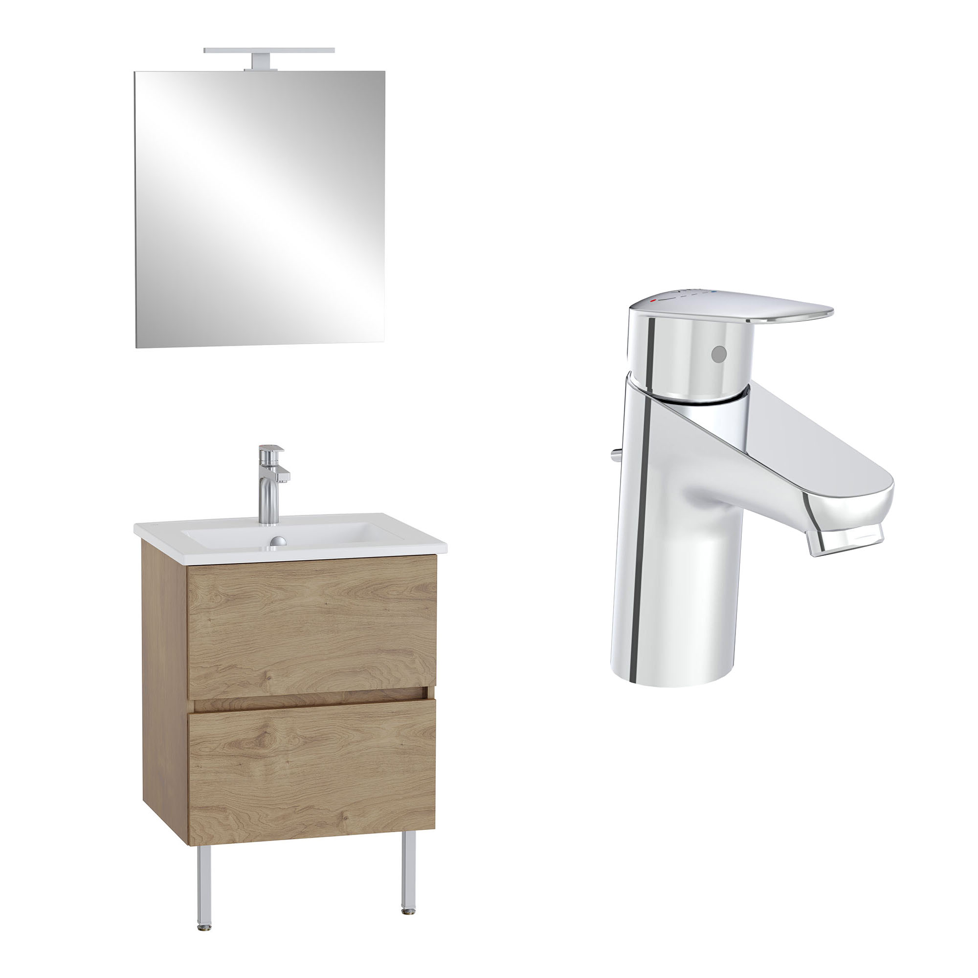 Vitra Pack Meuble 60cm Chêne Doré 2 Tiroirs Mia Plus Square, Plan Céramique, Miroir Avec Éclairage, Mitigeur Et Vidage