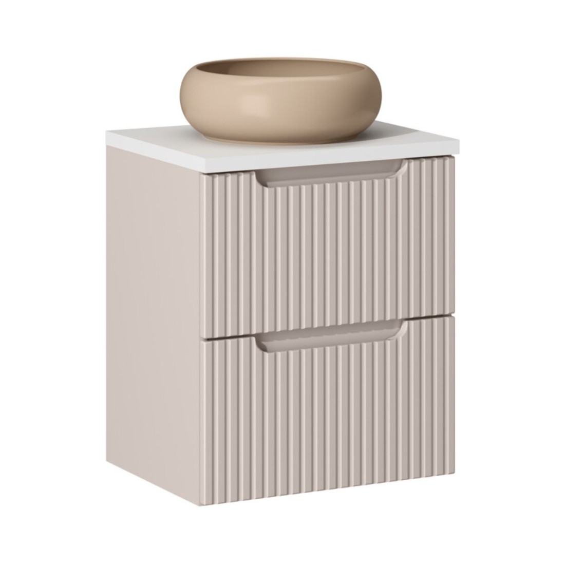 Ensemble Vano Cachemire Et Blanc 50cm: Meuble Sous Vasque À Tiroirs + Plan Pour Vasque + Vasque Ronde Cappuccino À Poser