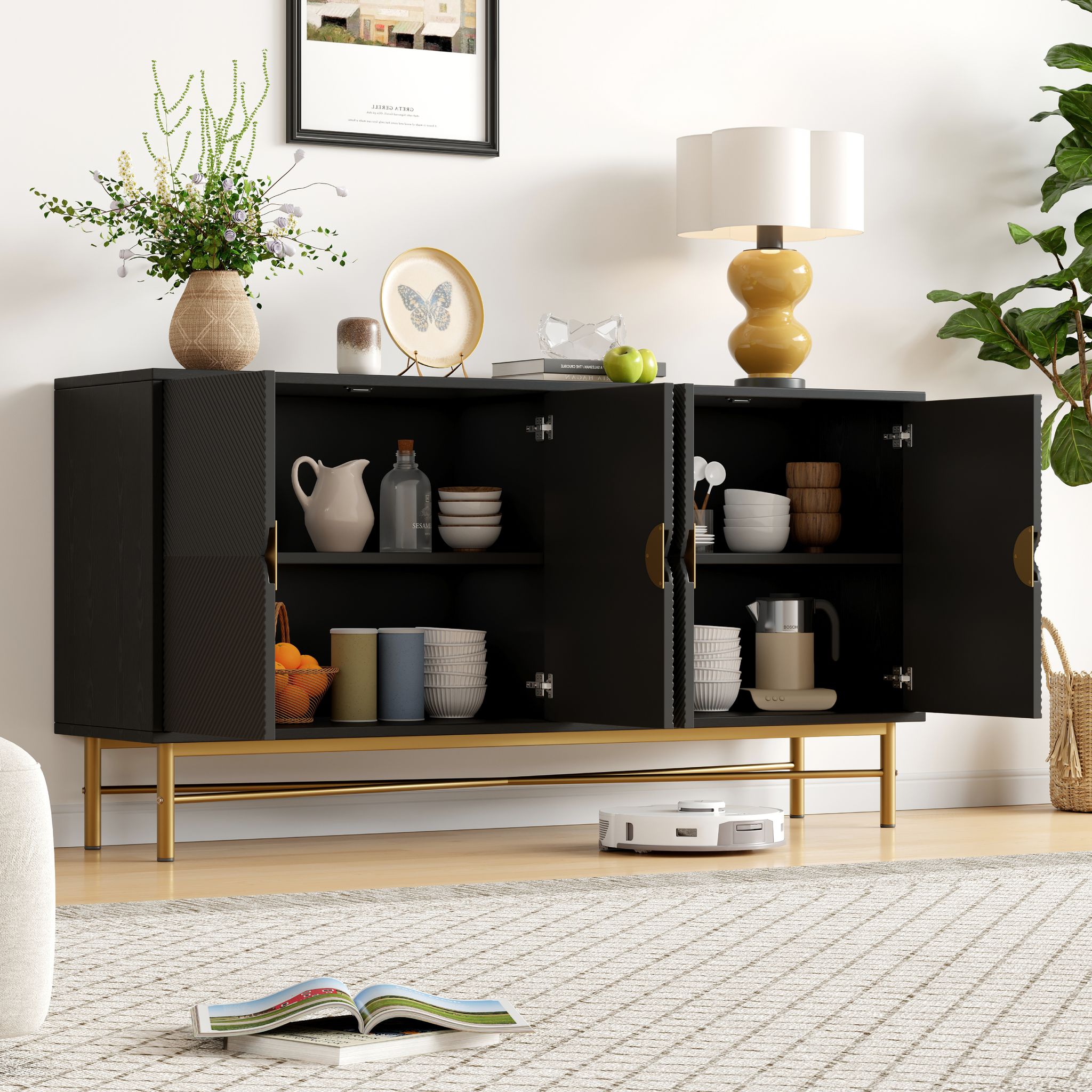 Redom Buffet 160x40x82 Cm, 4 Portes, Fermeture Douce, Poignées Dorées Intégrées, Mdf Et Panneaux De Particules Noir