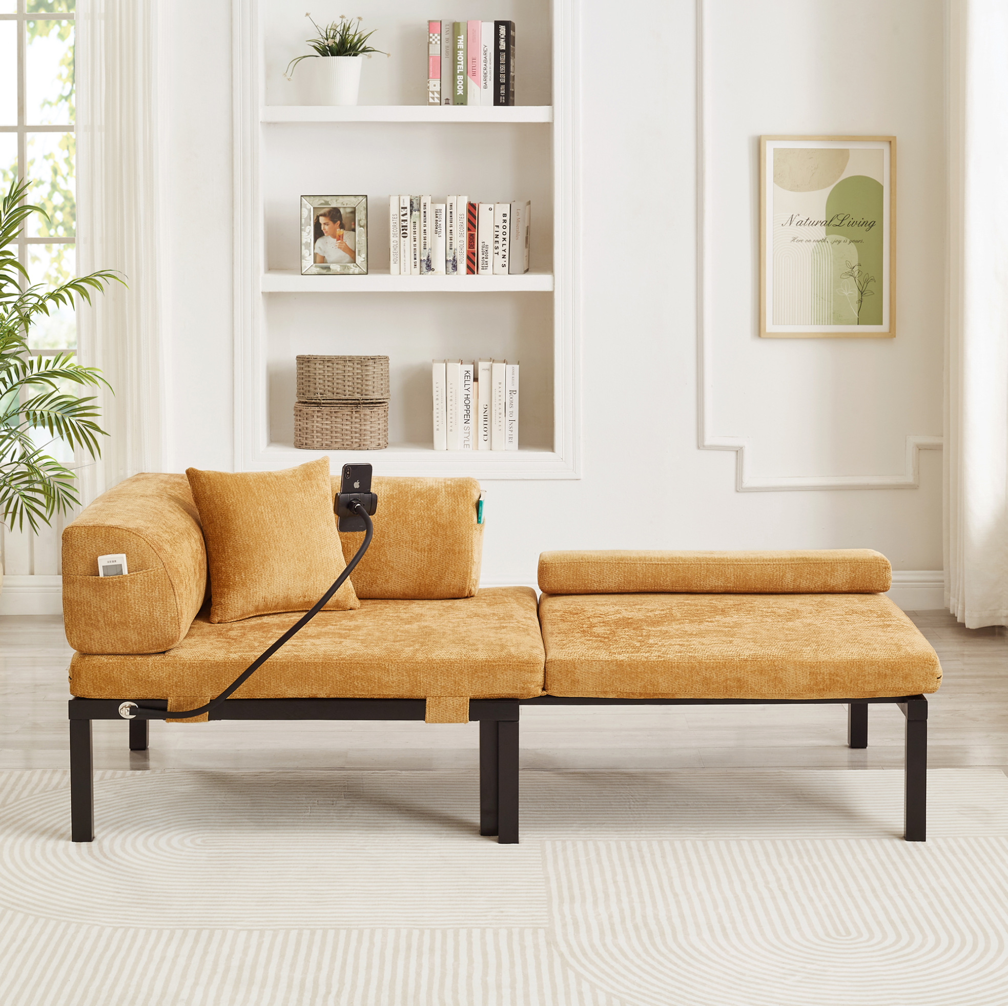 Sofá Cama Plegable Individual, Extraíble, De Terciopelo Amarillo