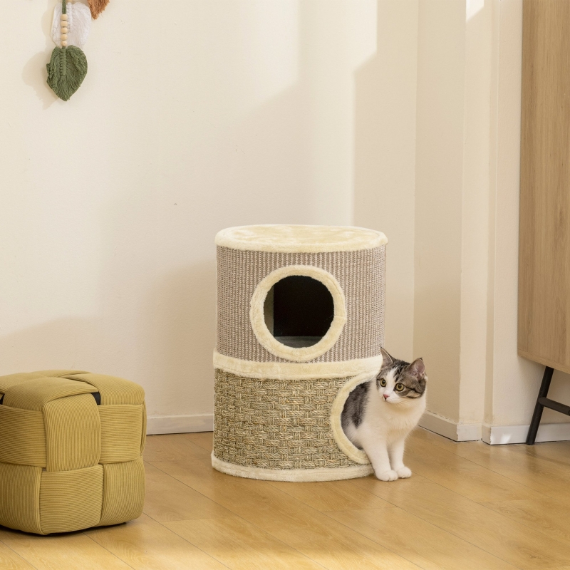Tonne À Griffer Pour Chat 49 Cm, Ø35,5 Cm, 2 Niches, En Polyester, Kaki Redom