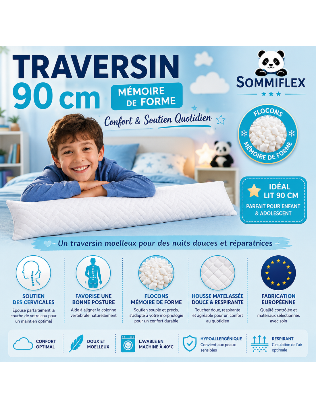 Traversin Polochon 90 Cm Mémoire De Forme Idéal Lit Double Confort Ferme Lavable Soutien Cervical Sommiflex