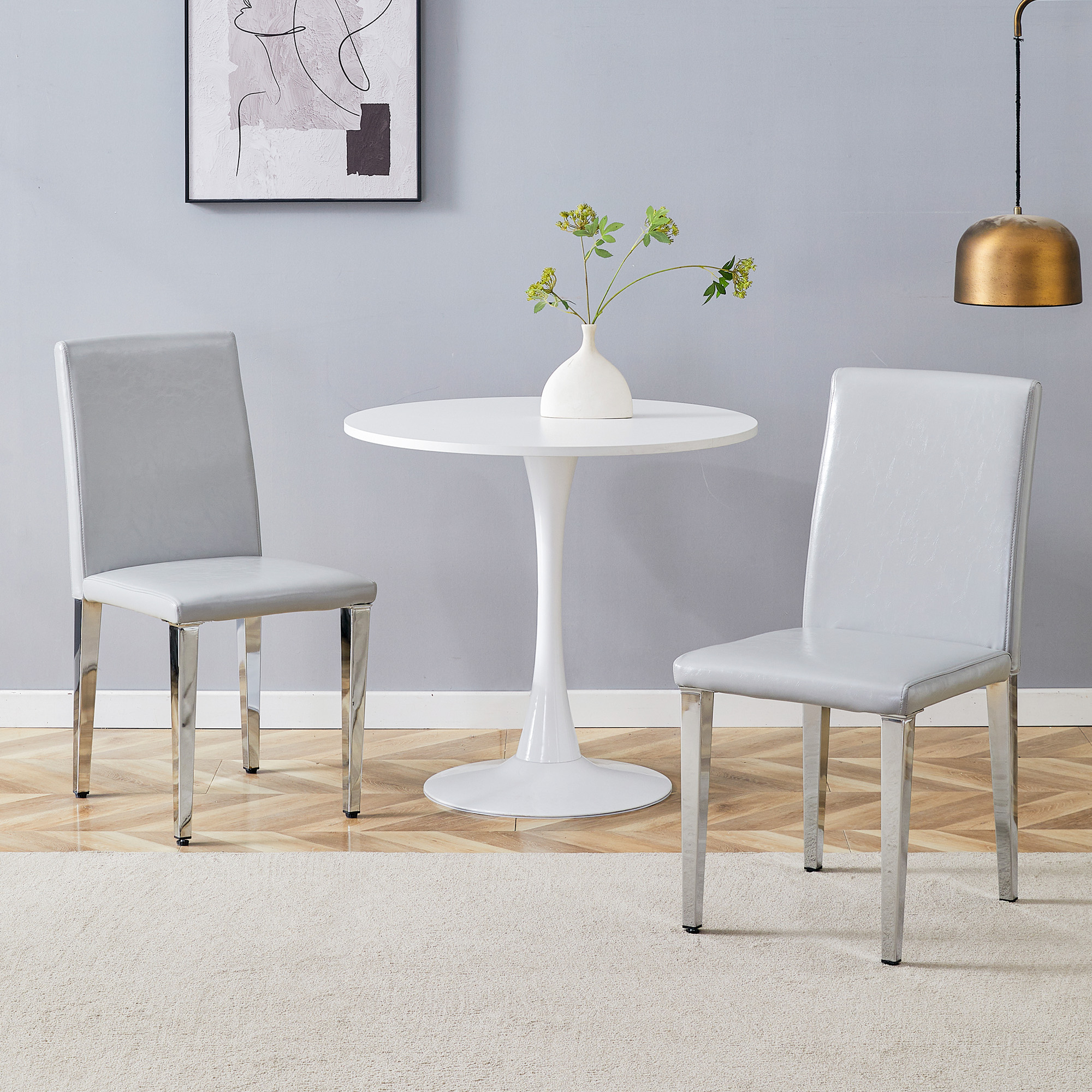 Redom Lot De 2 Chaises De Salle À Manger Au Design Moderne Minimaliste, Pu Gris Clair, Pieds En Métal Argenté