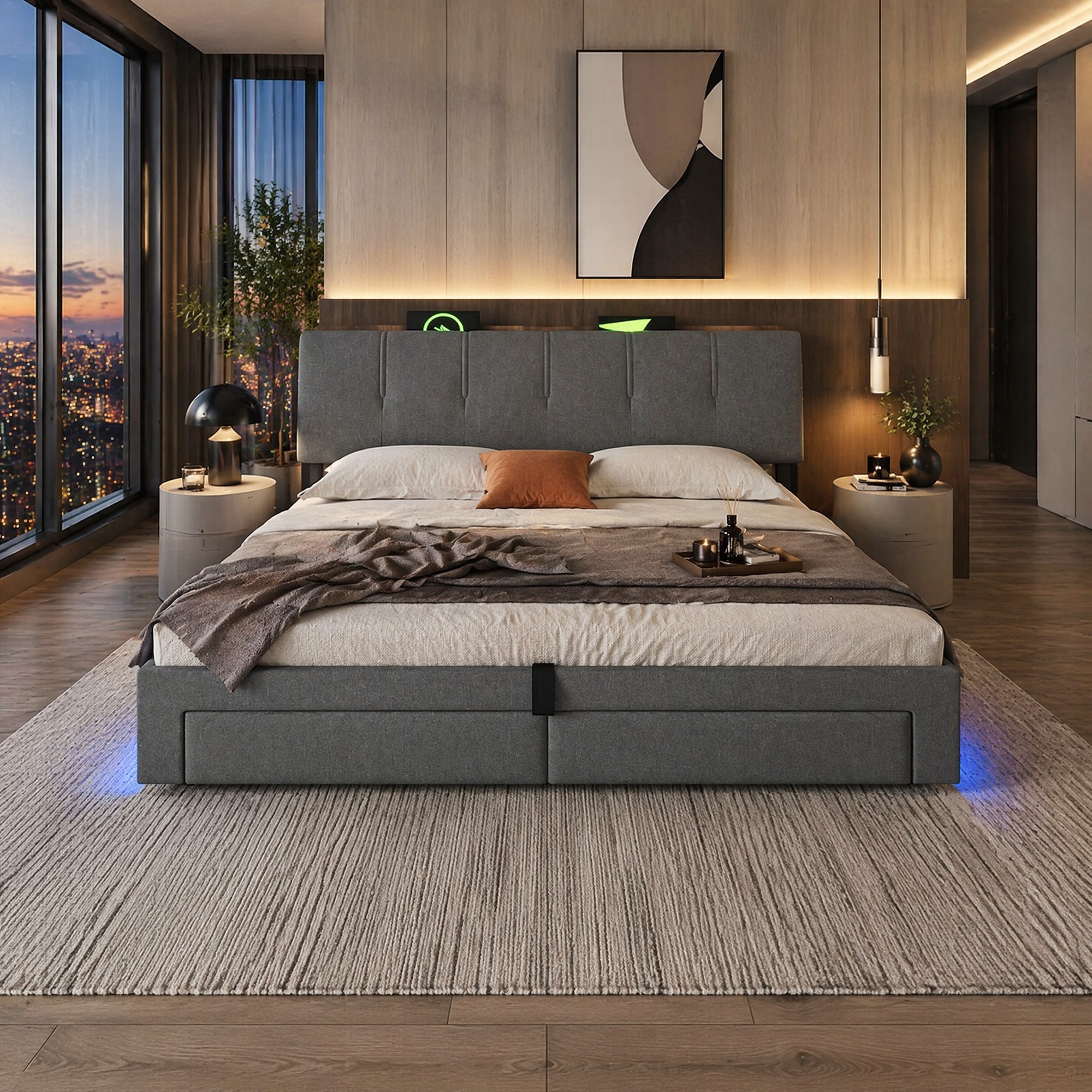 Lit Capitonné 180x200 Cm Avec Rangement Hydraulique, Usb-c, Led, Lin Gris, Redom