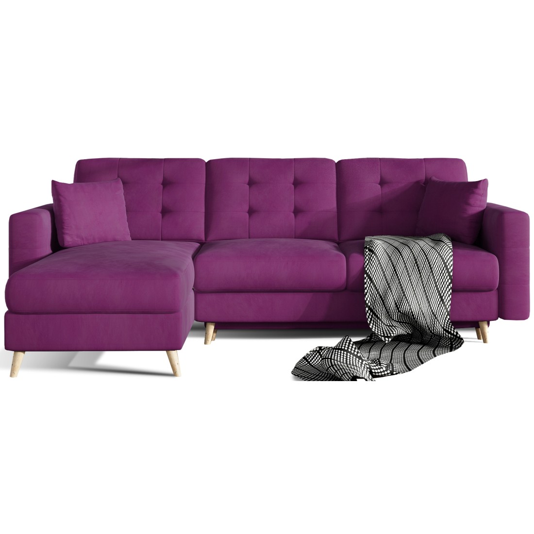 Canapé D'Angle Convertible Hasgard 3 Places Violet 248x162 Cm - Coffre Et Pieds Bois