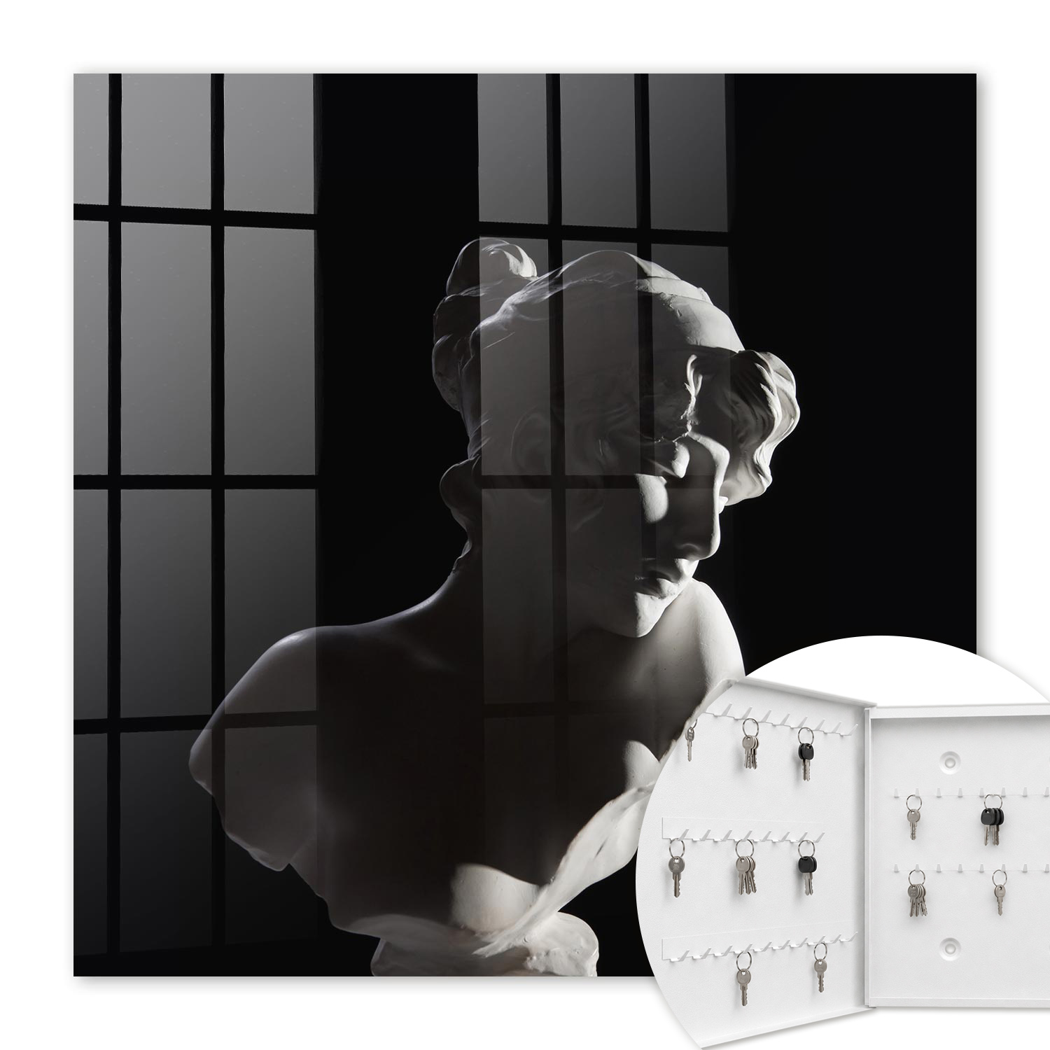 Armoire À Clés - (30 Cm X 30 Cm) - Boîte À Clés Murale - Coffret De Rangement Pour Clés - Couleur Blanche - Ouverture Vers La Gauche - Pour Maison Et Bureau - Sculpture Subtile