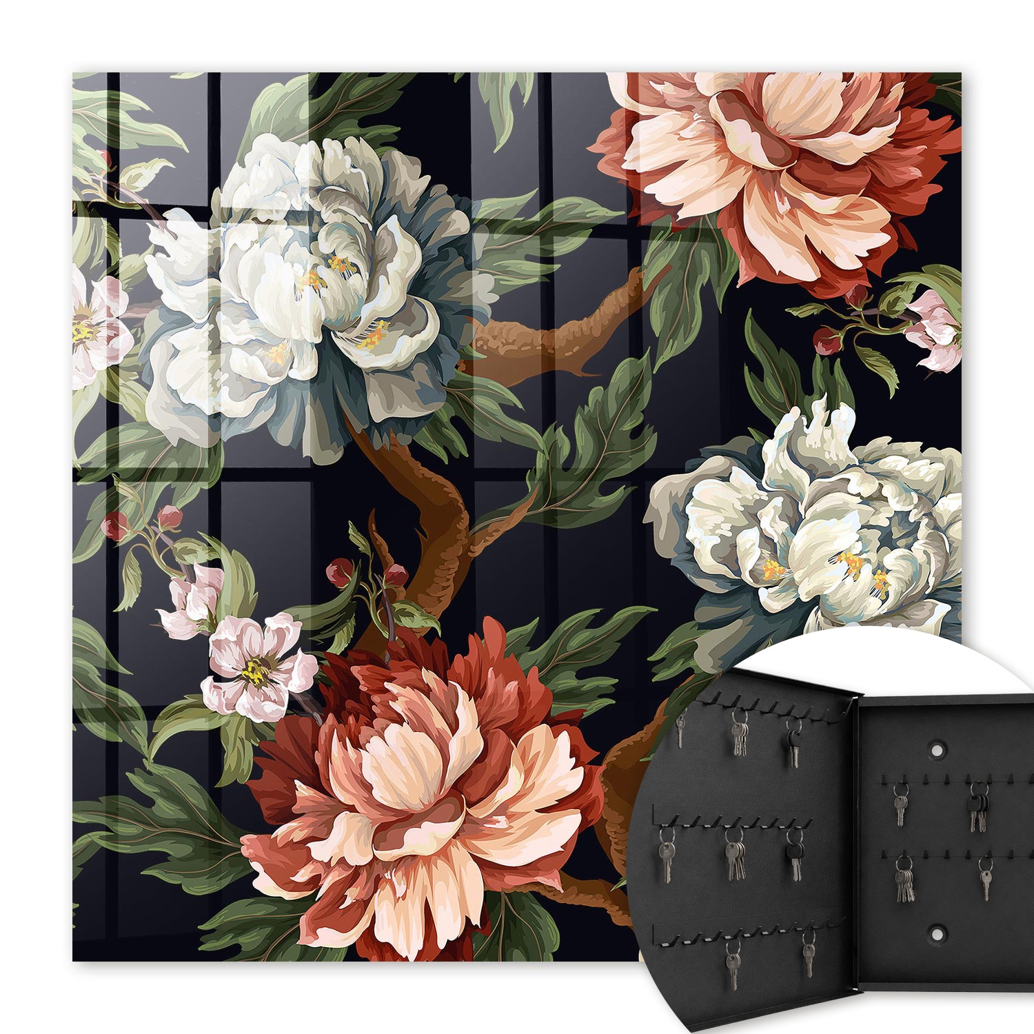 Armoire À Clés - (30 Cm X 30 Cm) - Boîte À Clés Murale - Coffret De Rangement Pour Clés - Couleur Noire - Ouverture Vers La Gauche - Pour Maison Et Bureau - Fleurs De La Nature