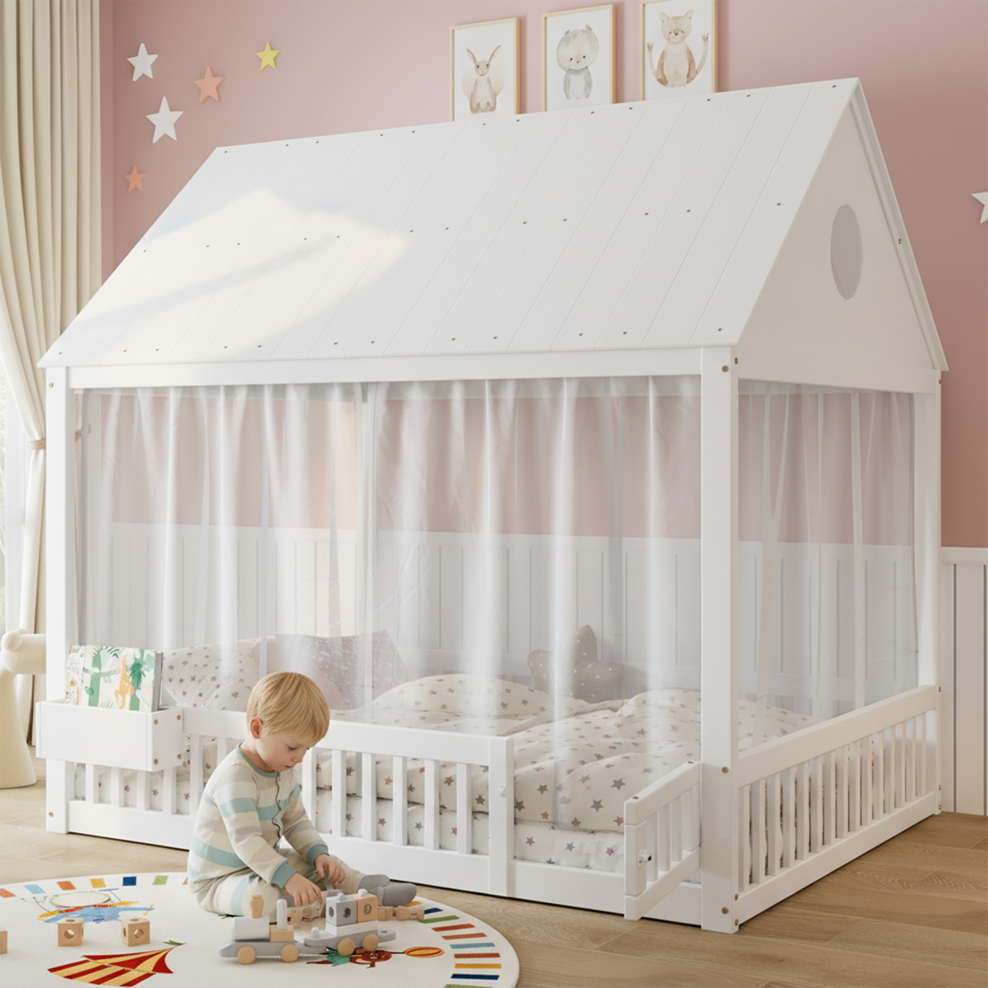 Redom Lit Enfant 140x200 Cm Avec Détails De Fenêtre Et Toit, Bois, Mdf Et Contreplaqué Blanc (sans Matelas)