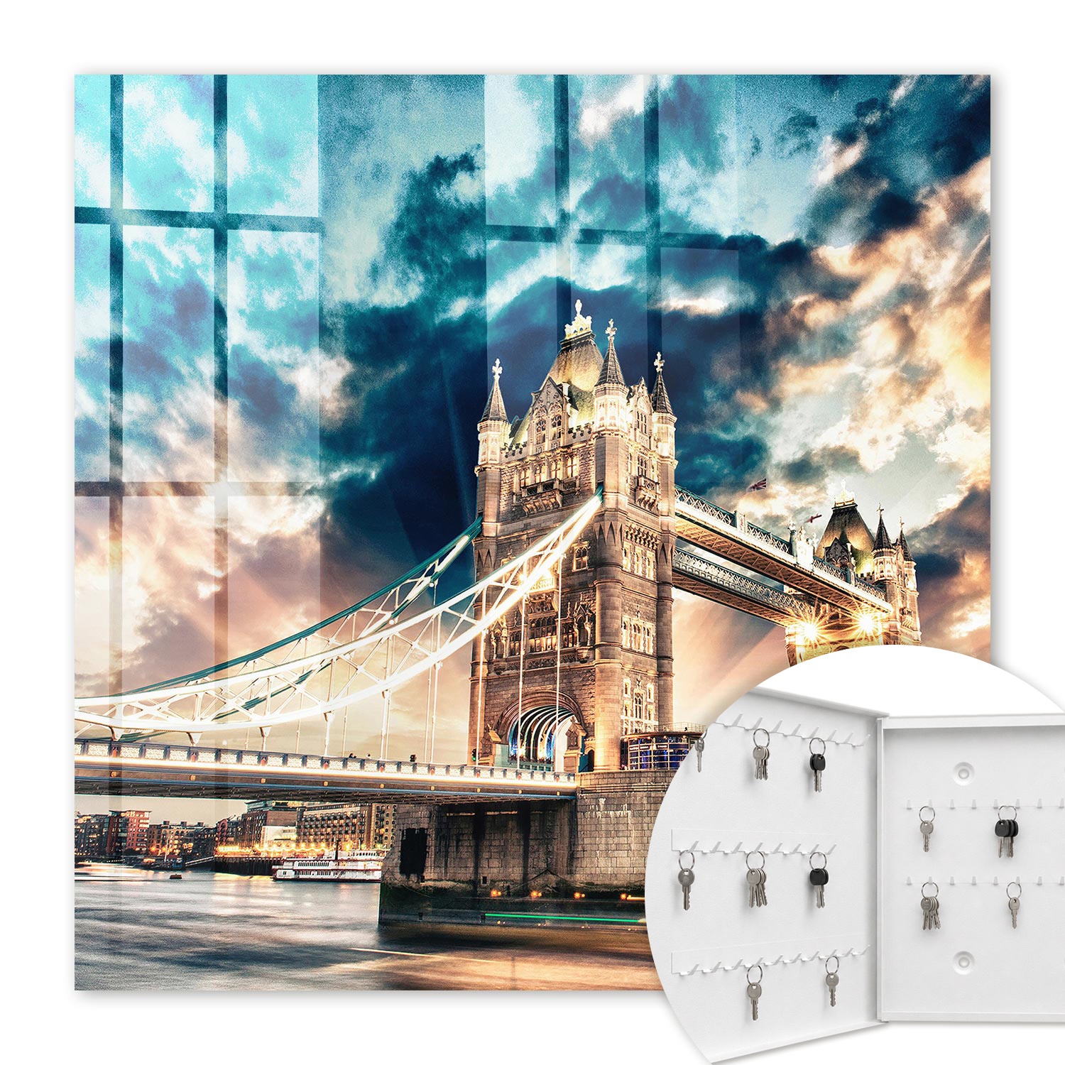 Armoire À Clés - (30 Cm X 30 Cm) - Boîte À Clés Murale - Coffret De Rangement Pour Clés - Couleur Blanche - Ouverture Vers La Gauche - Pour Maison Et Bureau - Paysage Urbain