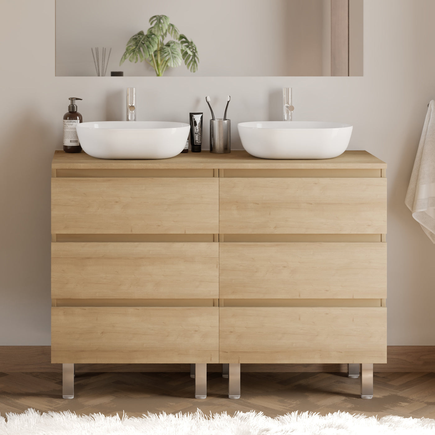Meuble De Salle De Bain 120cm Avec Plateau Et 2 Vasques À Poser Arrondies - 6 Tiroirs - Sans Miroir - Nebraska (chêne Clair) - Mayor