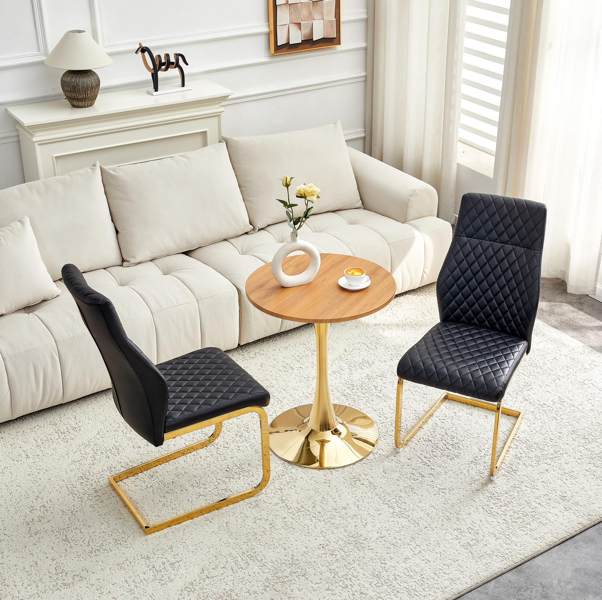 Ensemble Table Ronde 60 Cm En Mdf Effet Bois Et 2 Chaises Noires, Pied Métal Doré