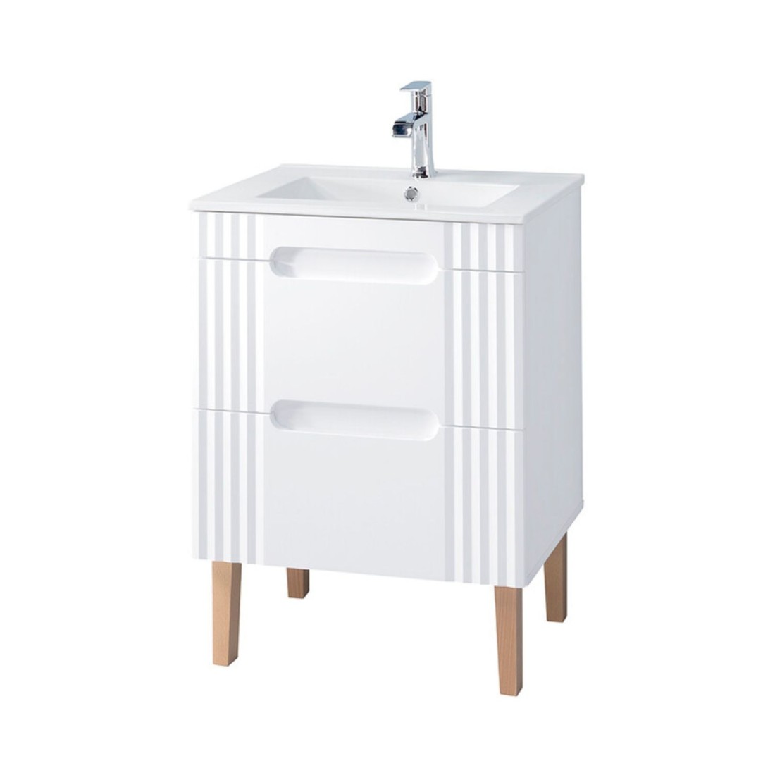 Ensemble De Salle De Bain Fidji: Meuble Sous Vasque 60cm + Vasque À Encastrer Blanche + Siphon + Pieds