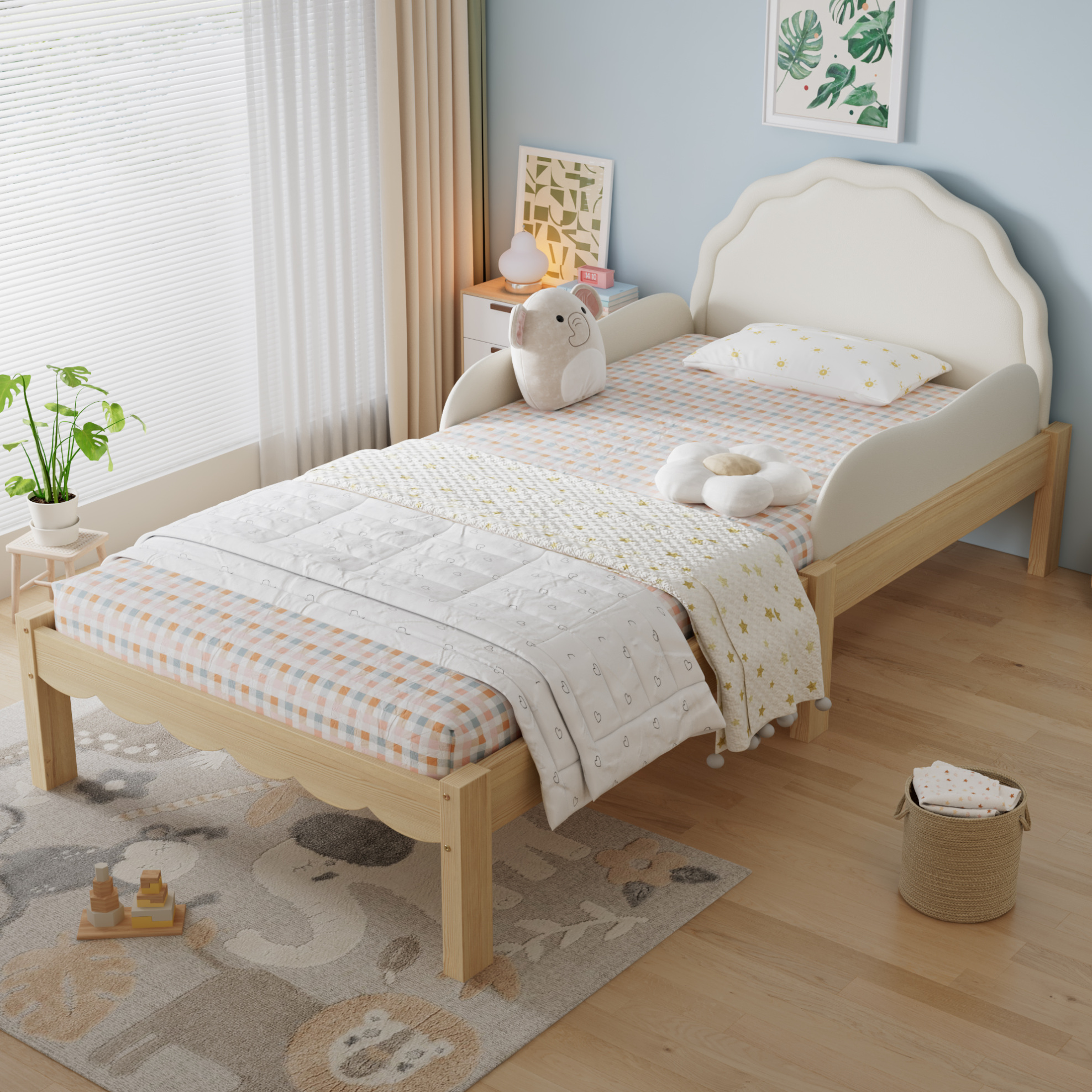 Lit Enfant Capitonné 90x200 Cm Avec Tête De Lit Pu, Barrières Latérales, Cadre Bois, Beige