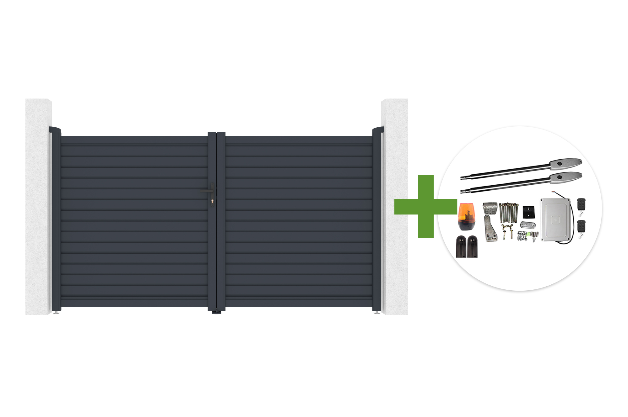 Portail Battant 3m Calancia H.160cm Lames Persiennes Aluminium Gris + Moteur Tanker B250