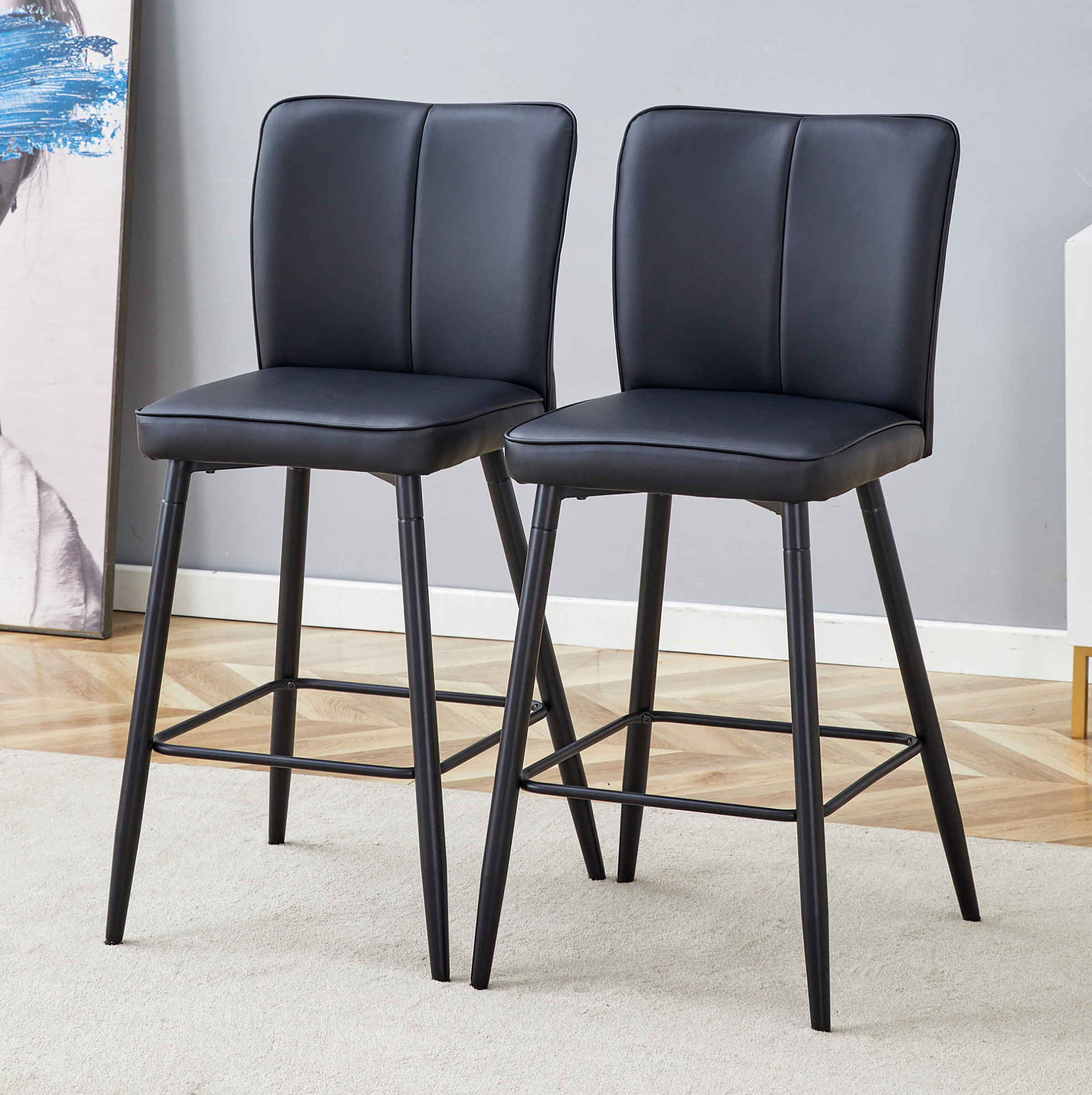 Redom - Lot De 2 Tabourets De Bar, Dossier Ergonomique, Repose Pieds Carré, Pieds Réglables, Métal Et Pu Noir