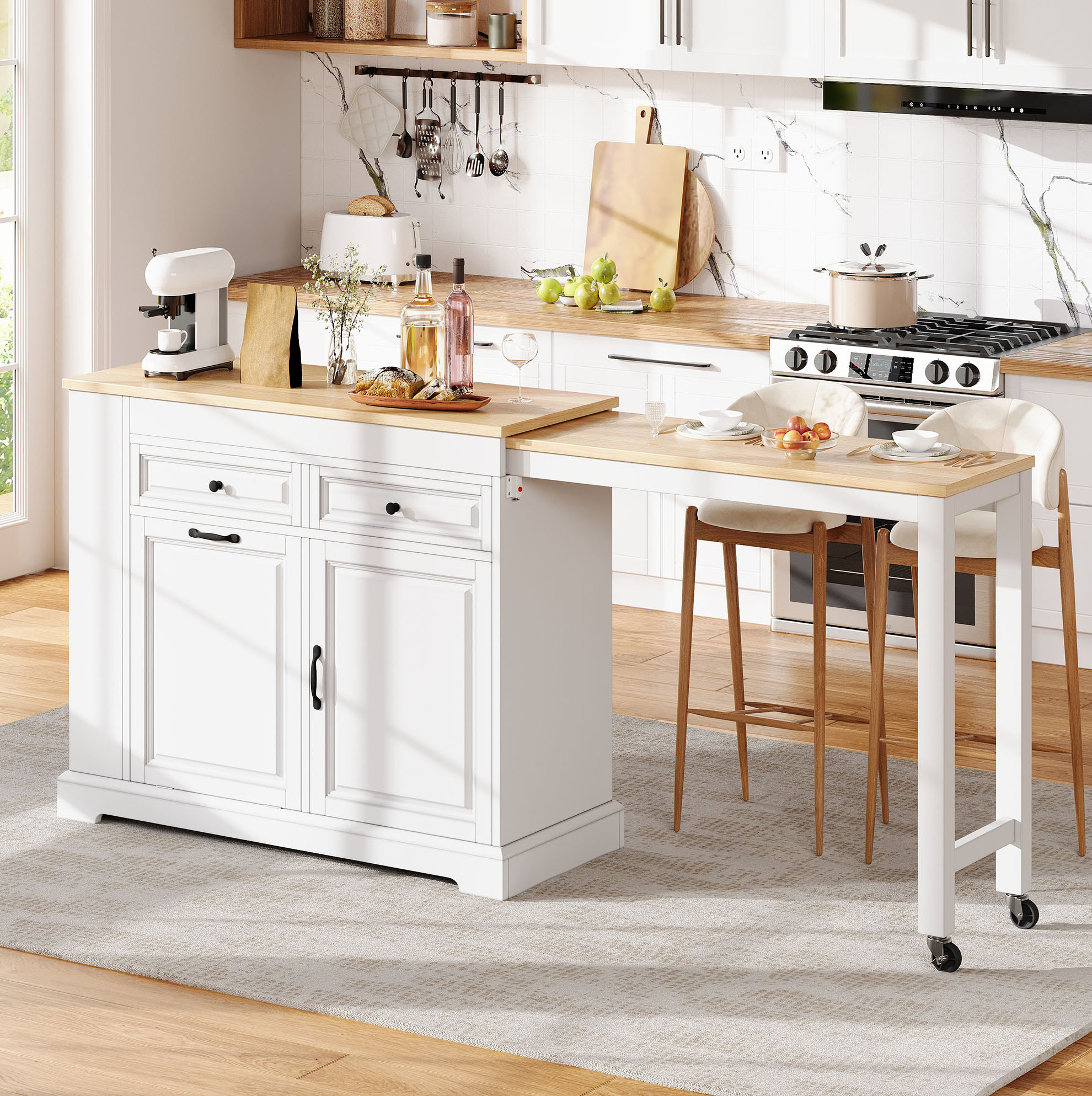 Îlot De Cuisine Sur Roulettes Extensible 112-180 X 45 X 92 Cm, Mdf+pb, Blanc