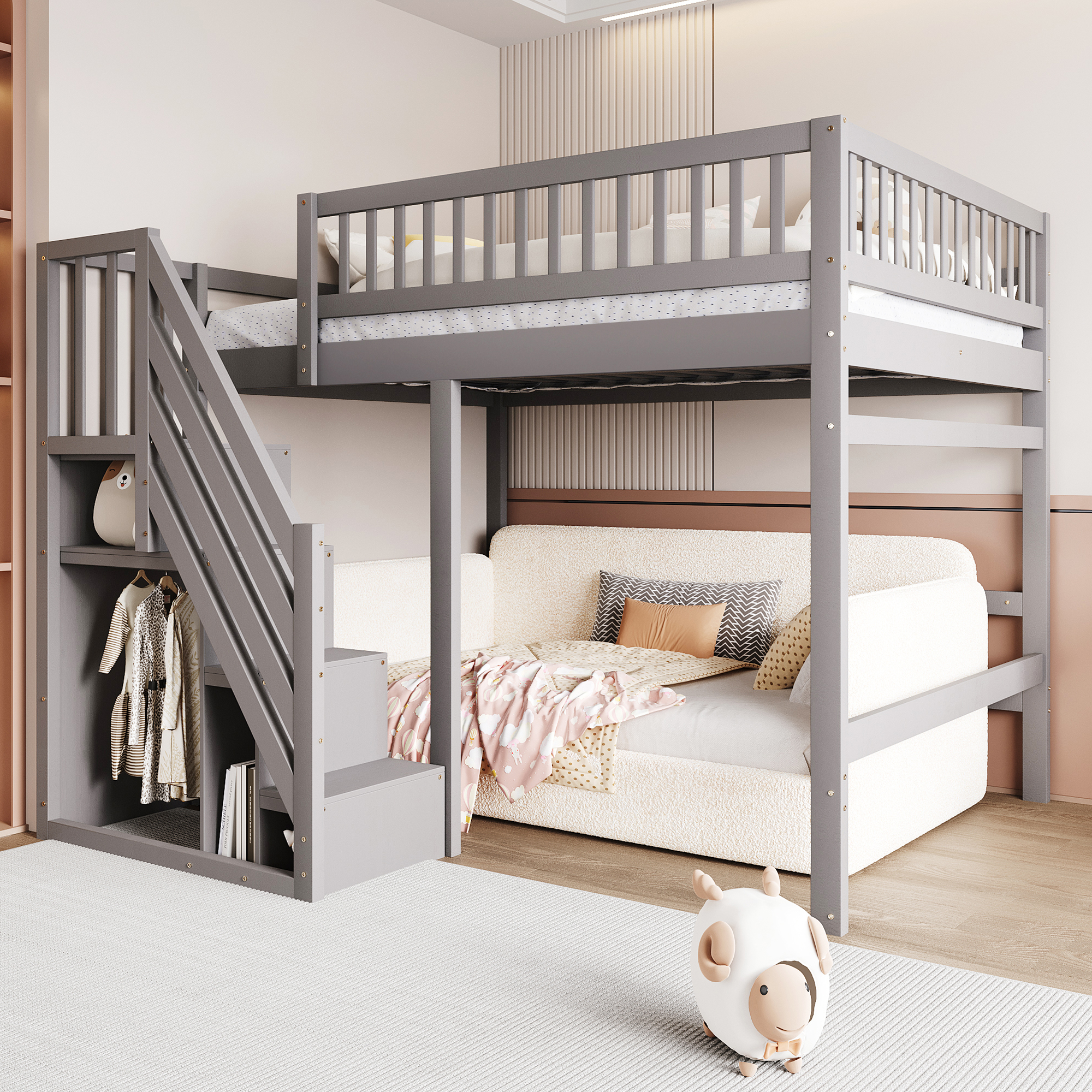 Redom Lit Mezzanine 140x200 Cm Matériau En Bois Avec Escalier Et Placards De Rangement, Rambarde Haute, Gris (sans Matelas)