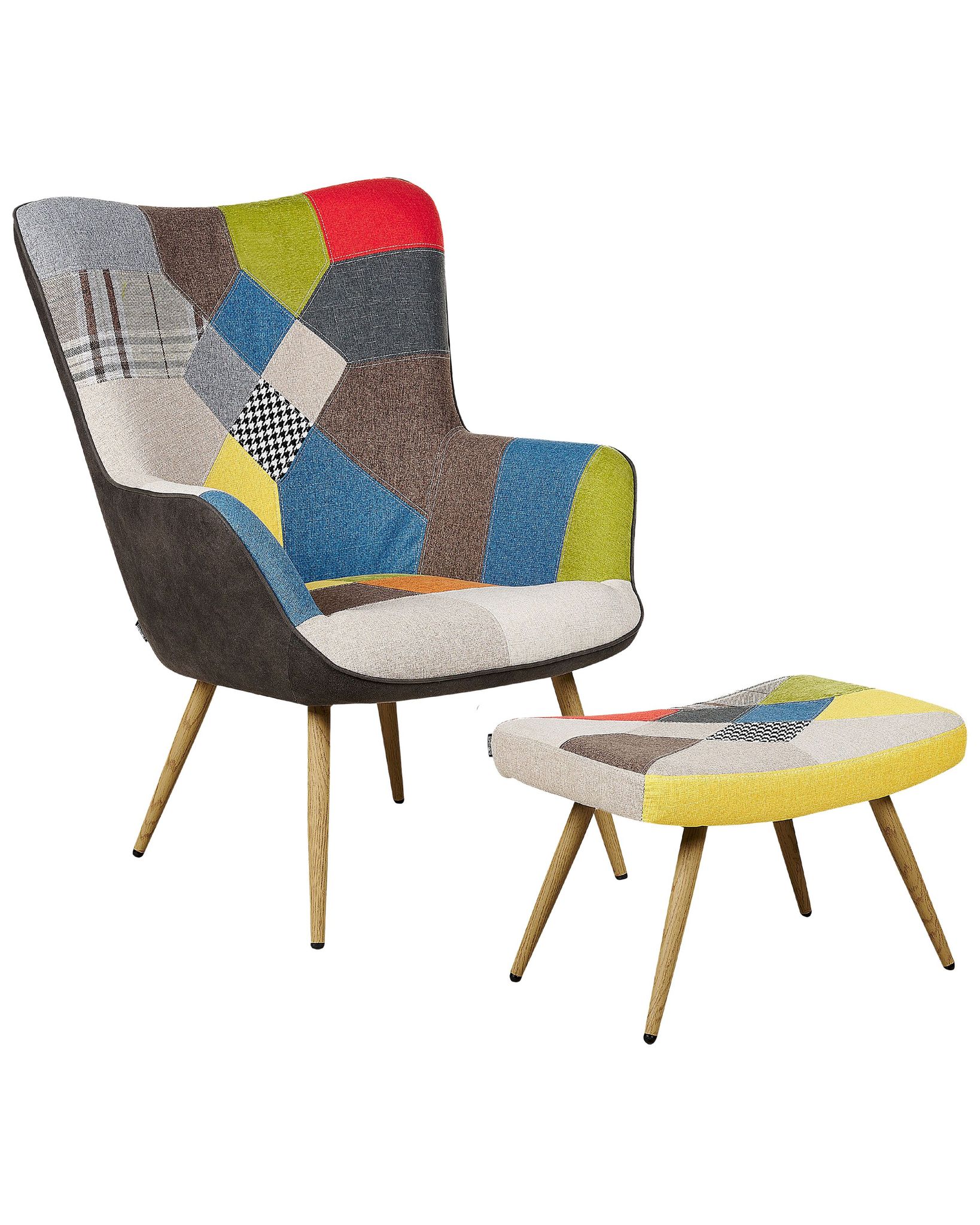 Beliani - Fauteuil Avec Repose-pied En Tissu Patchwork Pieds Bois D'Hévéa Style Rétro Vejle Ii