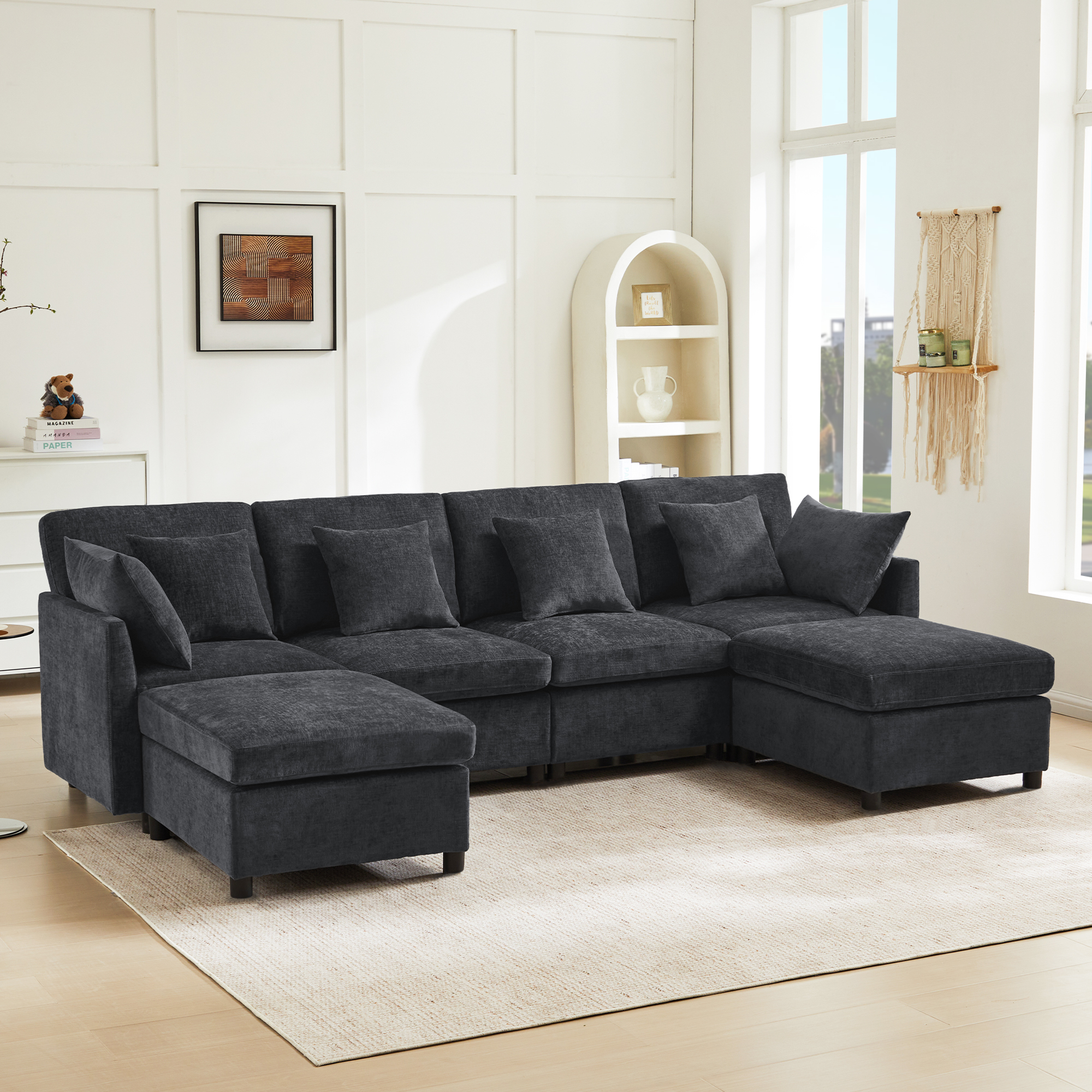 Redom Canapé Convertible 6 Places, Forme U Ou L Avec 2 Poufs, 6 Coussins, Tissu Chenille Gris