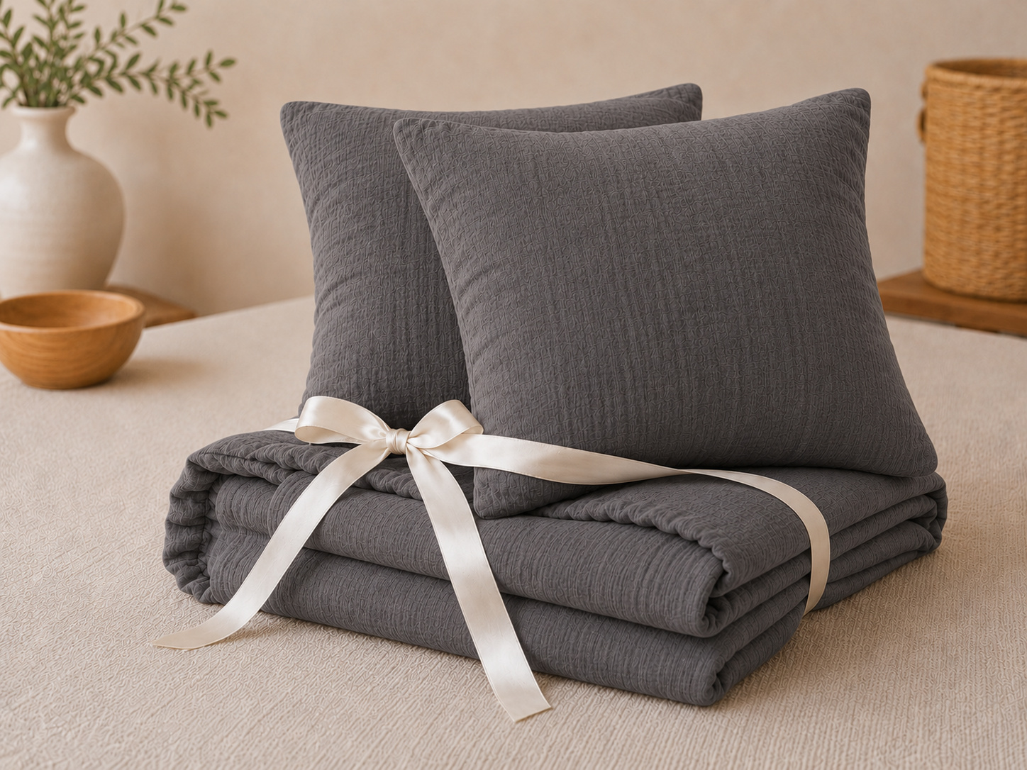 Pack Drap Housse 140 X 190 Cm + 2 Taies D'oreiller 60 X 60 Cm Double Gaze De Coton Gaïa Granit