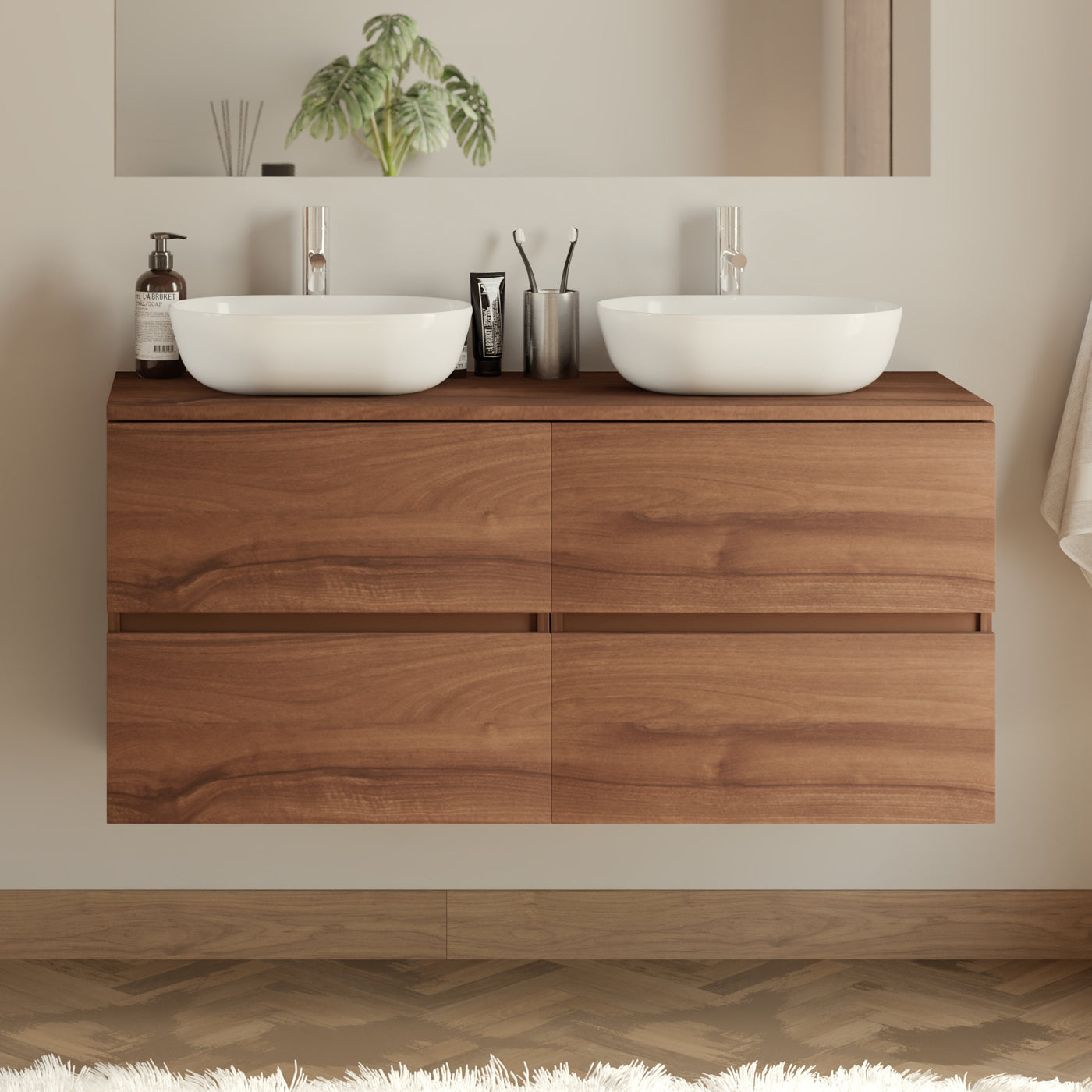 Meuble De Salle De Bain 140cm Avec Plateau Et 2 Vasques À Poser Arrondies - 4 Tiroirs - Sans Miroir - Noyer (bois Foncé) - Ida