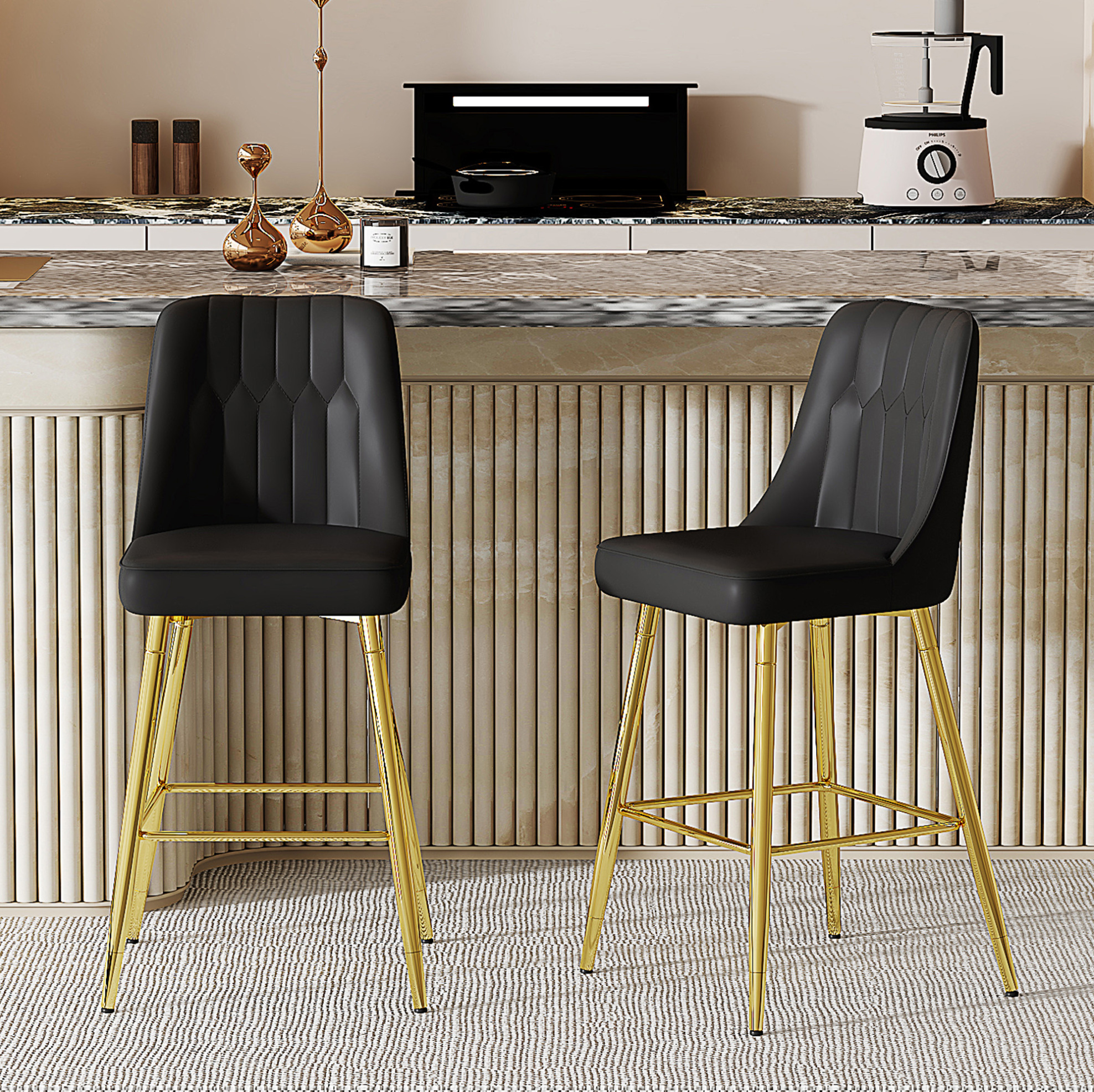 Redom - Lot De 2 Tabourets De Bar, Dossier Ergonomique, Repose Pieds Pratique, Métal Et Similicuir Pu Noir Et Doré