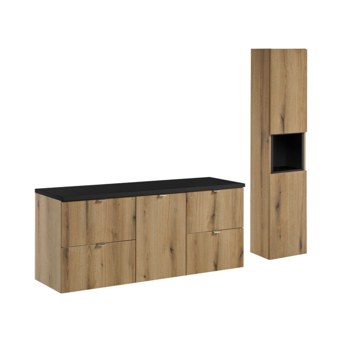 Ensemble Vano Aspect Chêne Et Noir 170cm: Meubles Sous Vasque À Tiroirs Et Panier À Linge Intégré + Plan Pour Vasque + Colonne