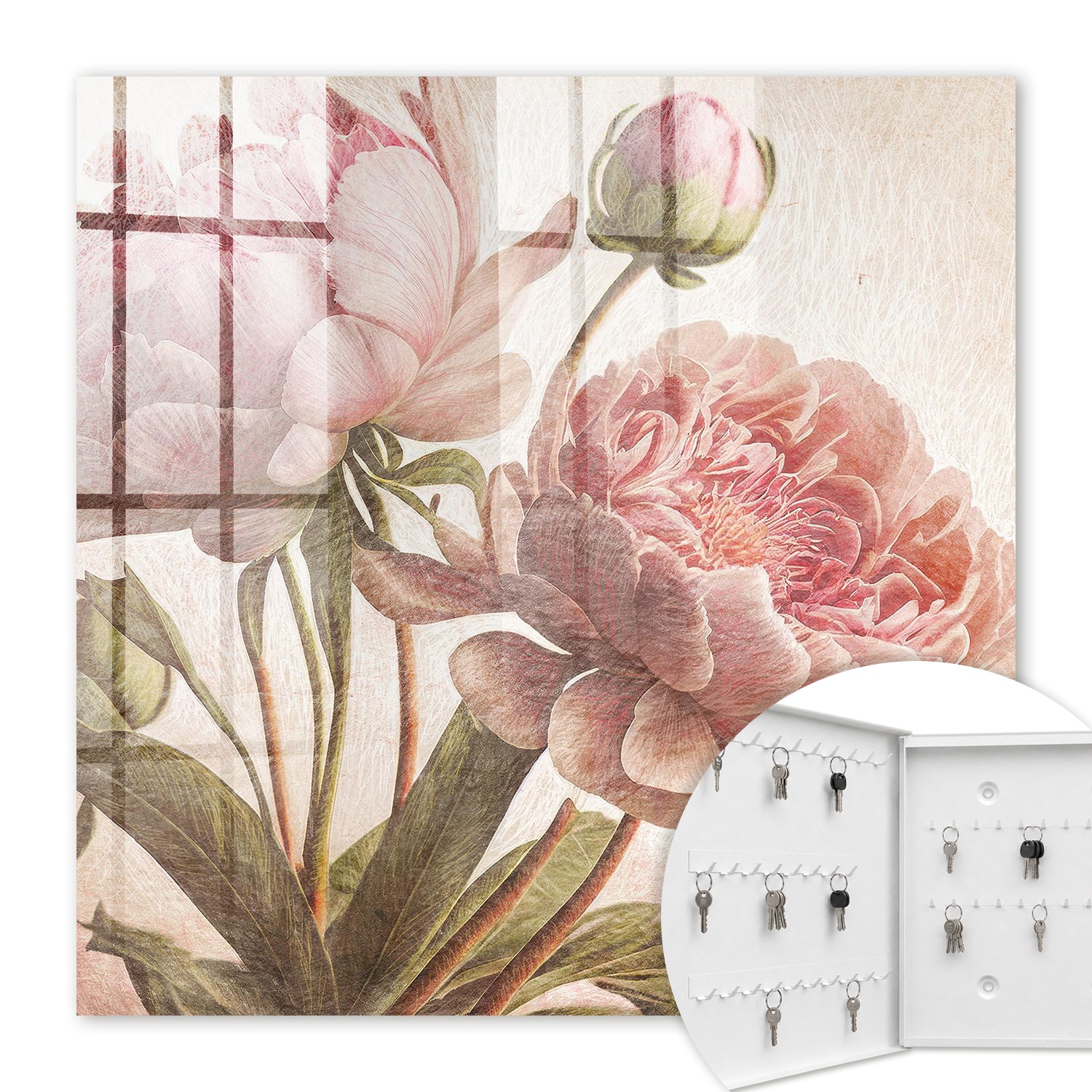 Armoire À Clés - (30 Cm X 30 Cm) - Boîte À Clés Murale - Coffret De Rangement Pour Clés - Couleur Blanche - Ouverture Vers La Gauche - Pour Maison Et Bureau - Botanique Romantique