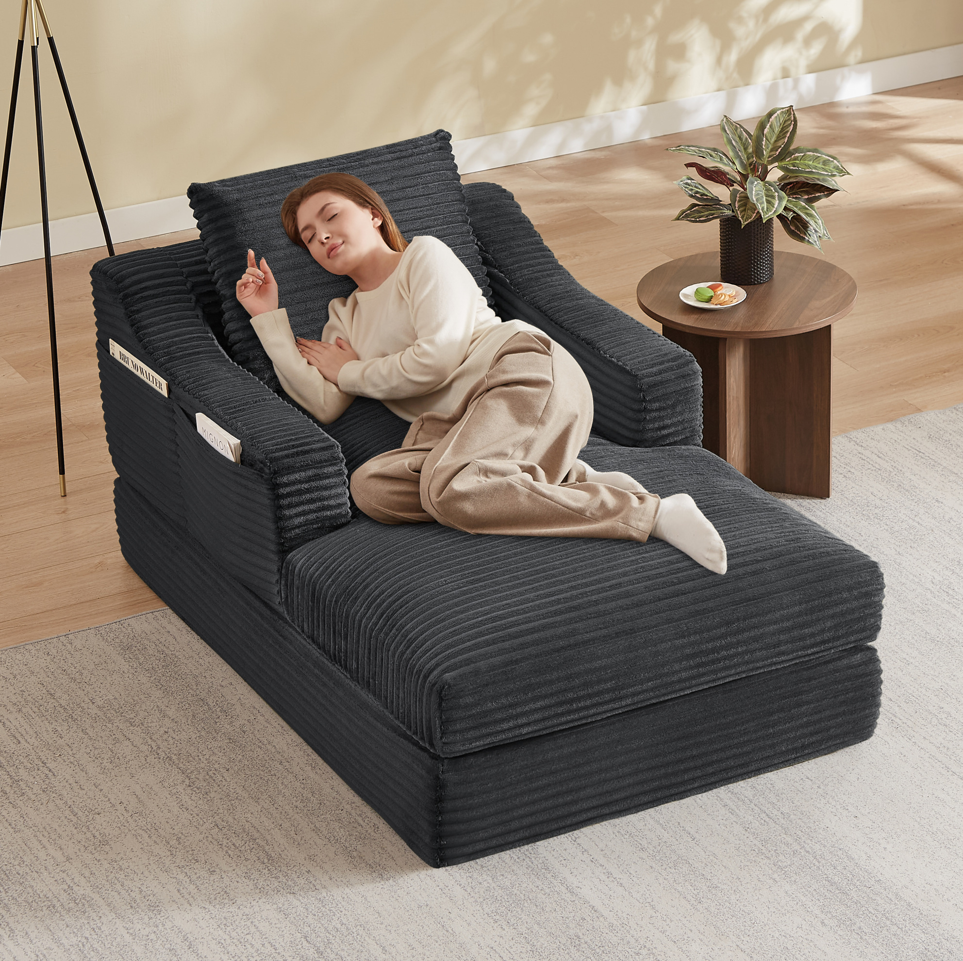 Redom - Fauteuil Lounge Convertible - Design Double Couche - Coussin Amovible - Mousse Haute Densité - Tissu Côtelé - Gris Foncé