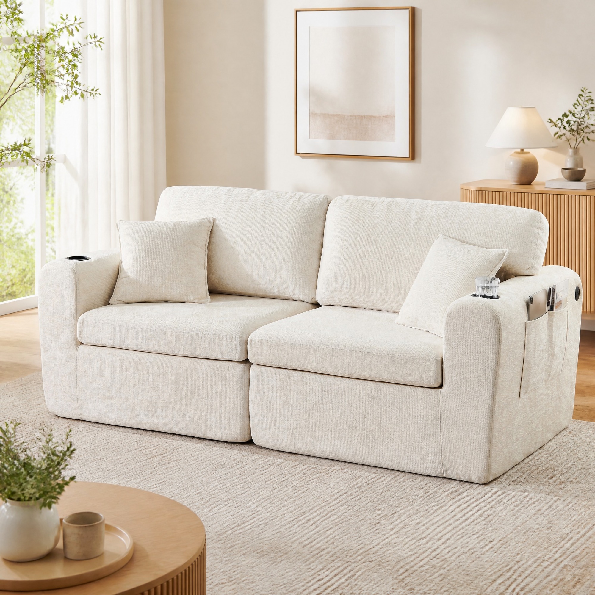 Canapé Relax 2 Places En Chenille Beige, Avec Poche Latérale, Porte-gobelet Et Coussins