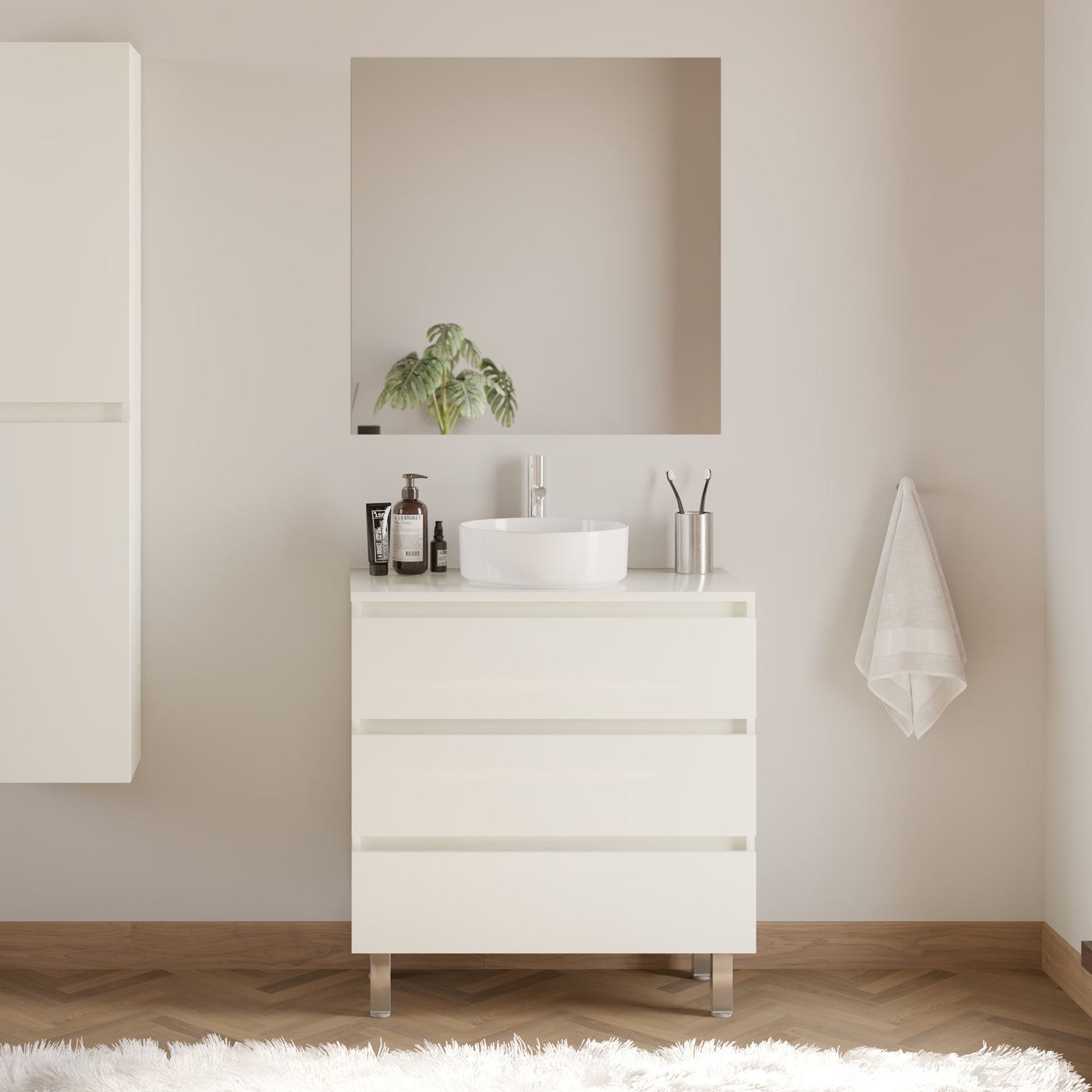 Meuble De Salle De Bain 70cm Avec Plateau Et Vasque À Poser Ronde - 3 Tiroirs - Blanc Brillant - Mayor