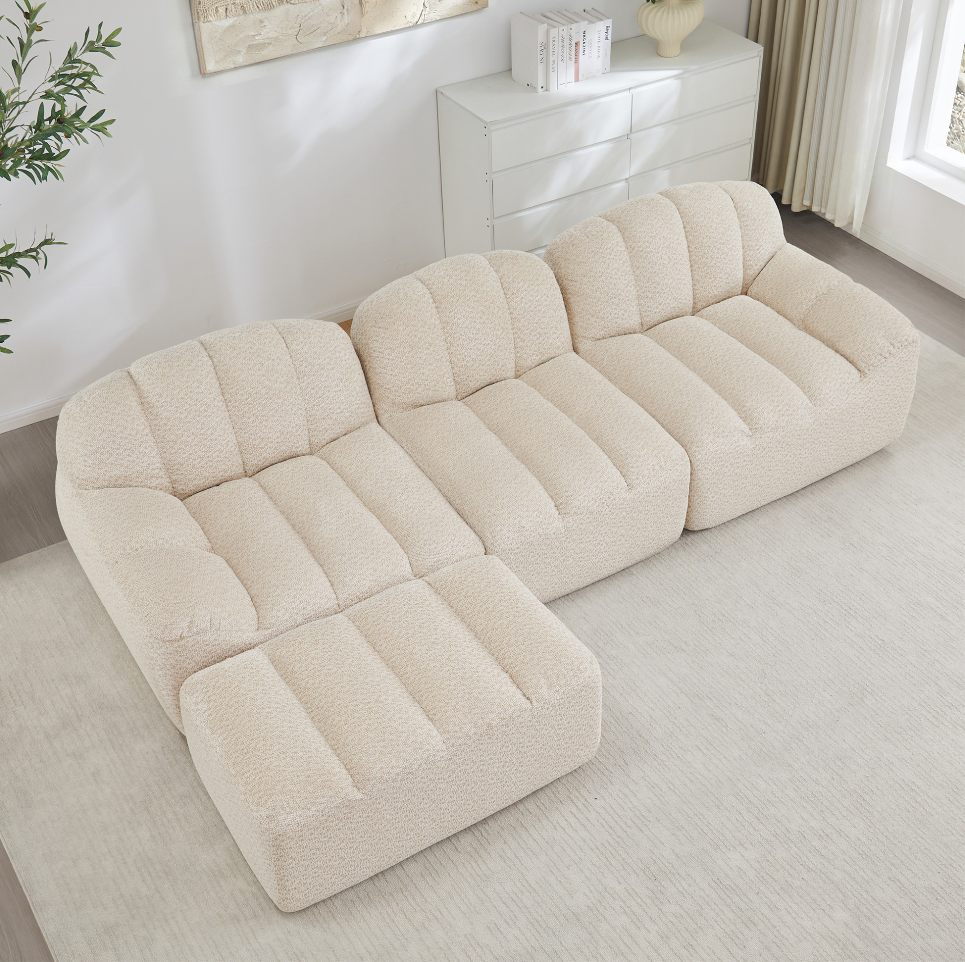 Canapé Modulaire 3 Places En L Avec Ottoman, Assise Profonde, Tissu Polaire Granulé Beige Blanc