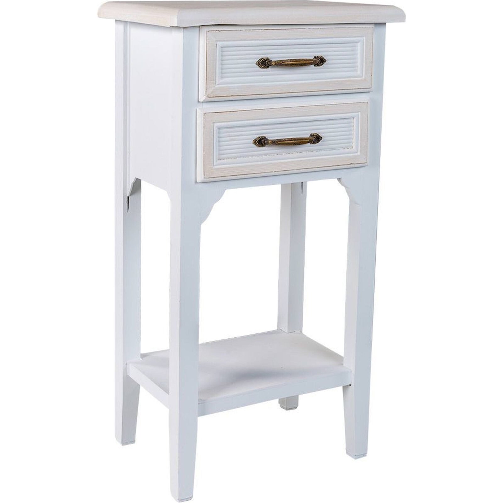 Table De Chevet Blanche En Bois Mdf Avec Tiroirs Élégants - Blanc Patiné Avec Détails Beige