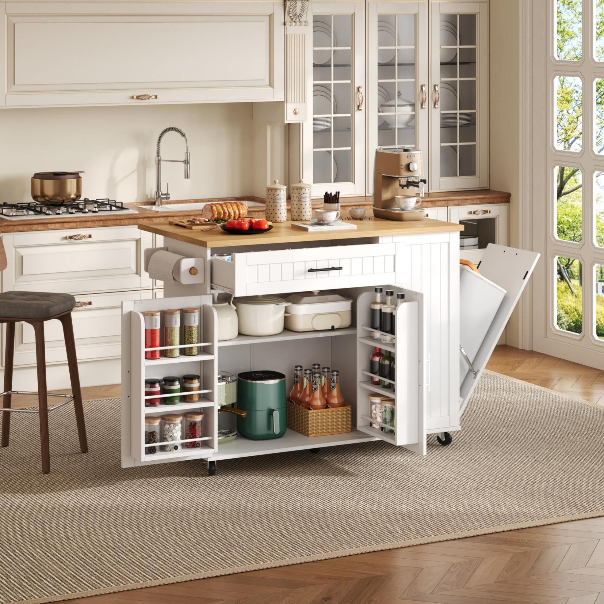 Îlot De Cuisine Mobile Avec Plateau Rabattable, Meuble De Rangement À Roulettes, Mdf Blanc, Redom