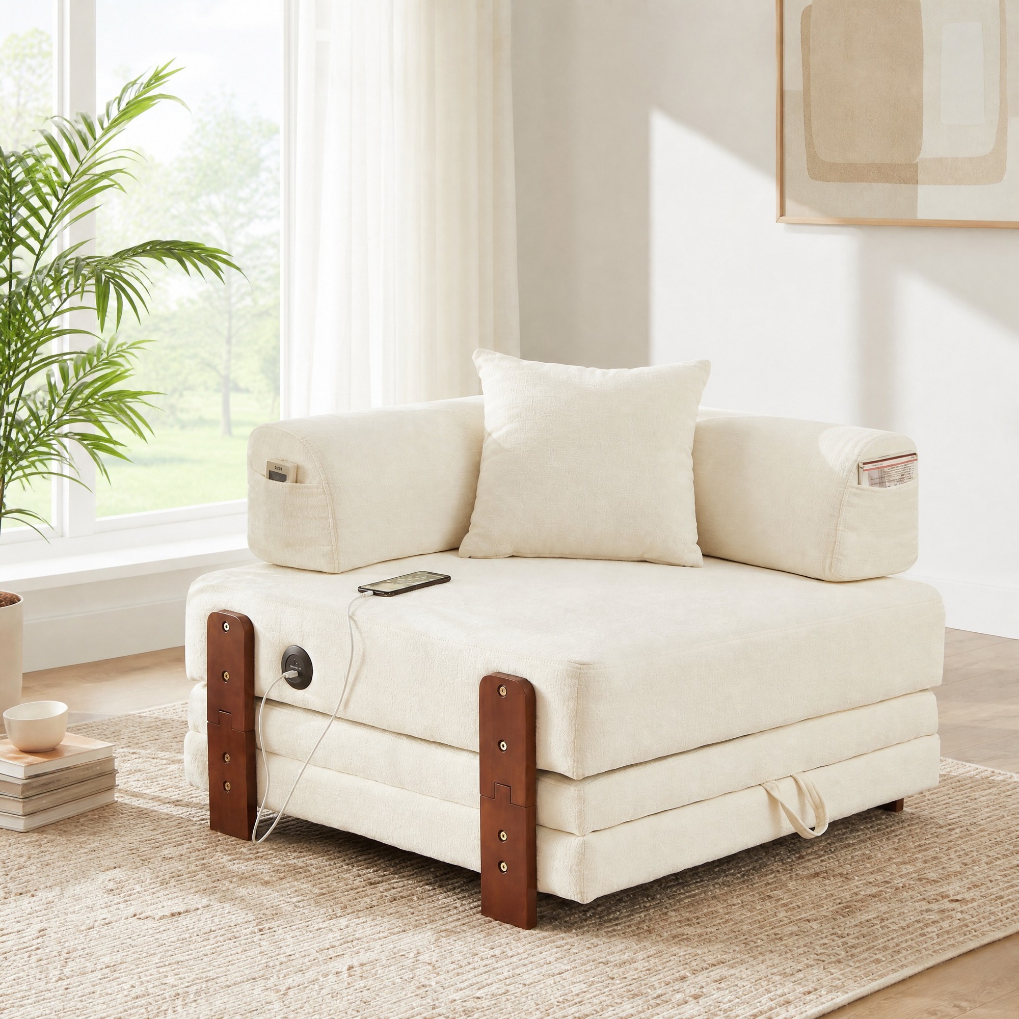 Sofá Cama Plegable (84x170.5x48 Cm), 2 En 1, Con Puertos Usb Y Type C, Con Almacenamiento, Tejido Beige