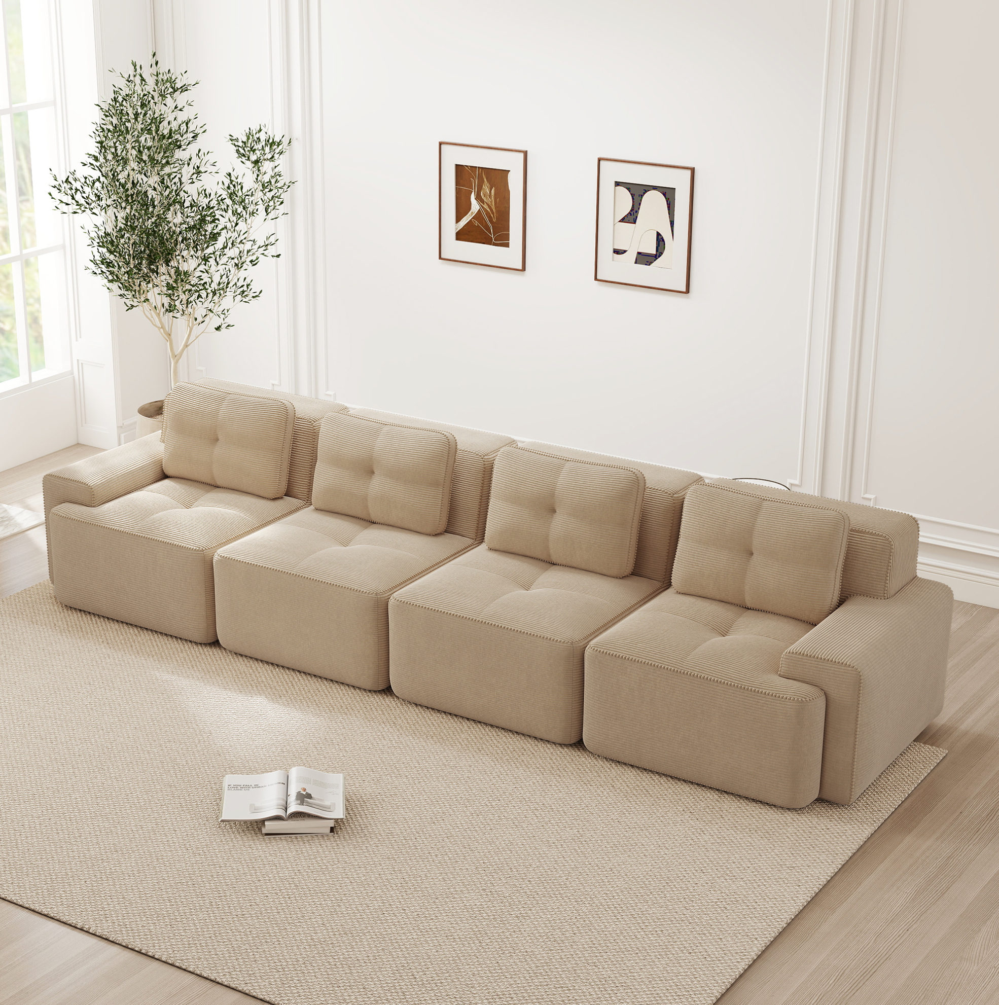 Redom - Canapé 4 Places Modulaire, Confort Nuage, Assise Profonde, Base Antidérapante, Tissu Corduroy Beige