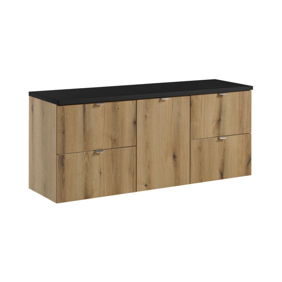 Ensemble De Salle De Bain Vano Aspect Chêne Et Noir 140cm: Meubles Sous Vasque À Tiroirs Et Panier À Linge + Plan Pour Vasque