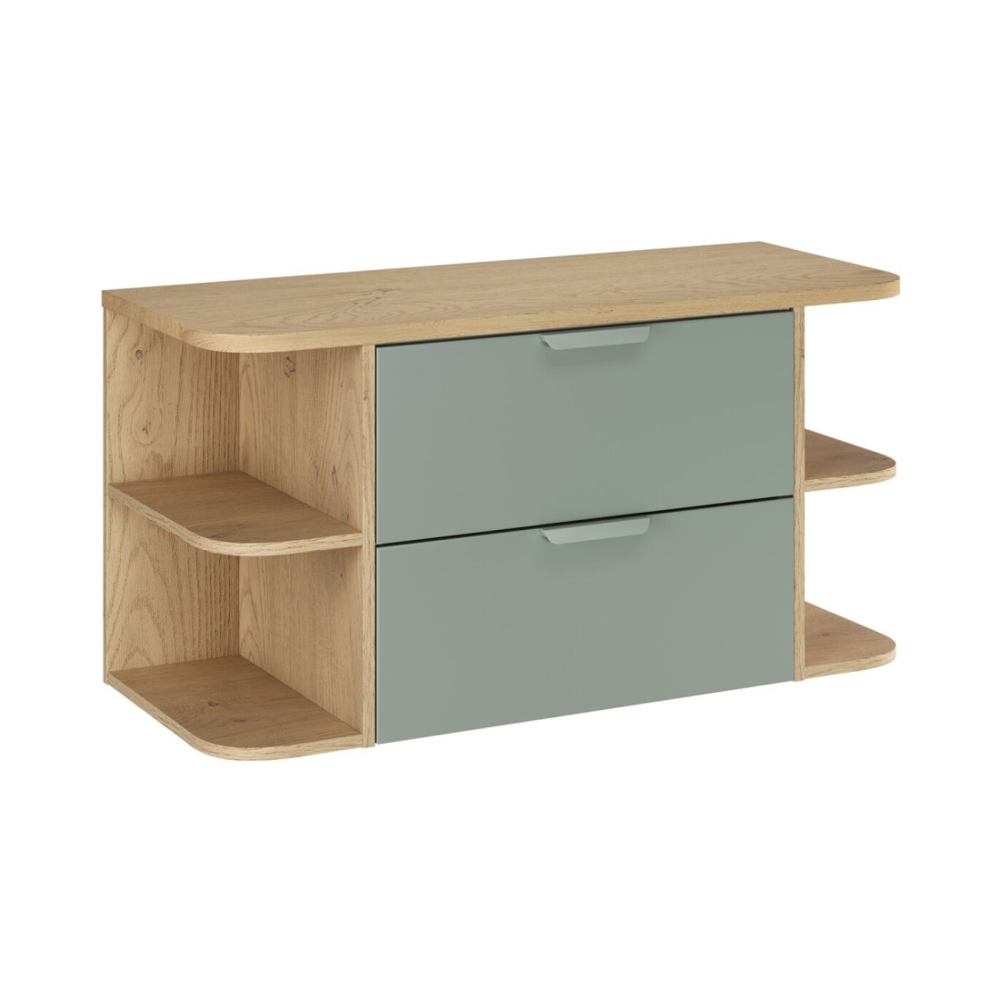 Ensemble Oster 100cm: Meubles Sous Vasque À Tiroirs Vert Sauge Et Niches Visibles + Plan Pour Vasque Aspect Chêne Clair