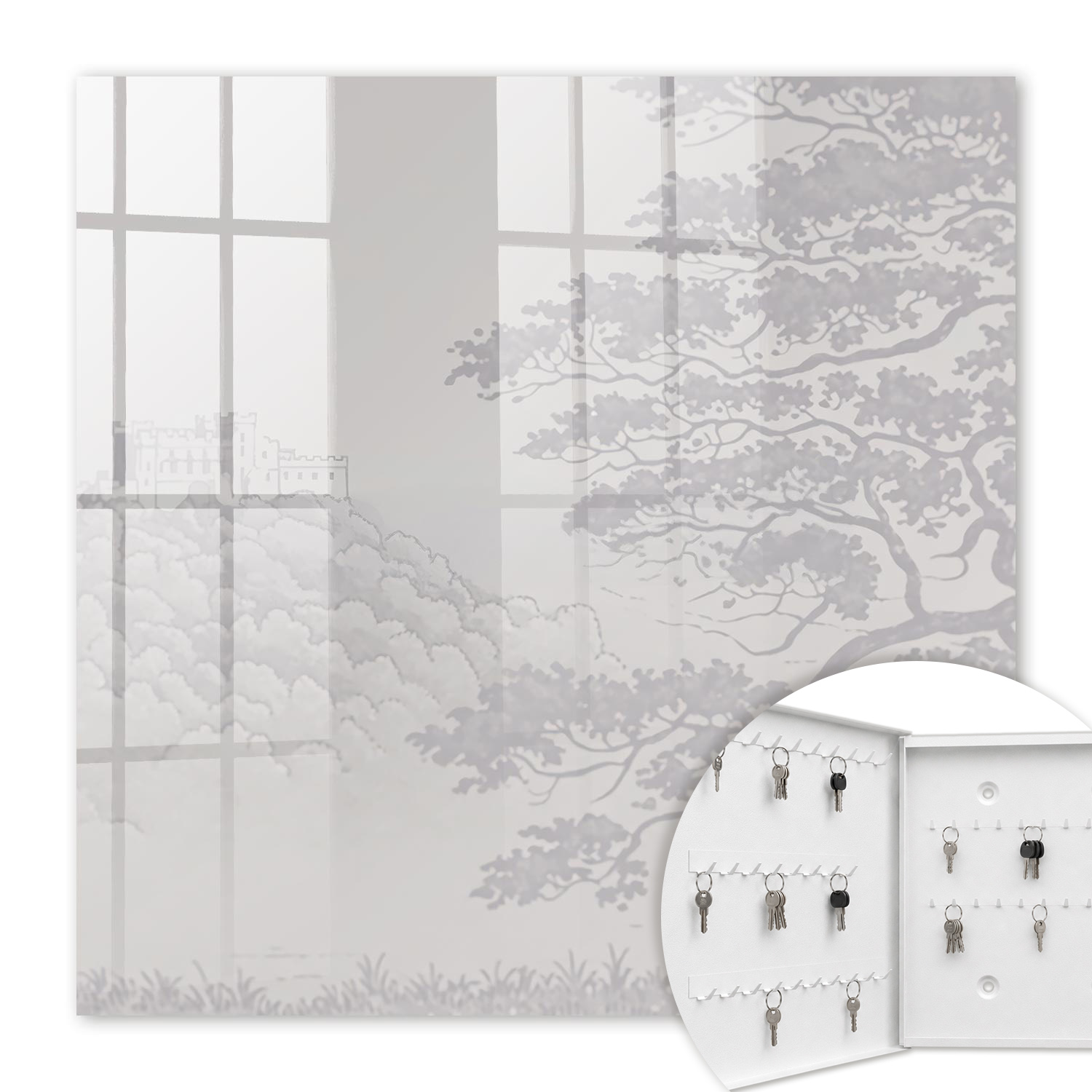 Armoire À Clés - (30 Cm X 30 Cm) - Boîte À Clés Murale - Coffret De Rangement Pour Clés - Couleur Blanche - Ouverture Vers La Gauche - Pour Maison Et Bureau - Paysage De Château