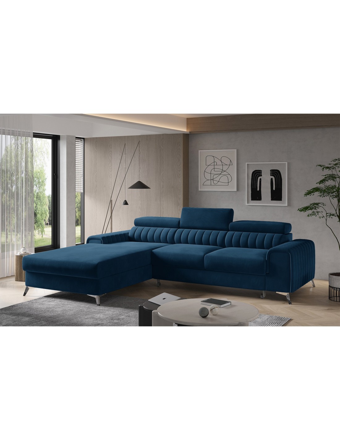 Canapé D'Angle Gauche Bleu Foncé Convertible 3 Places Jayson Pour Salon Contemporain