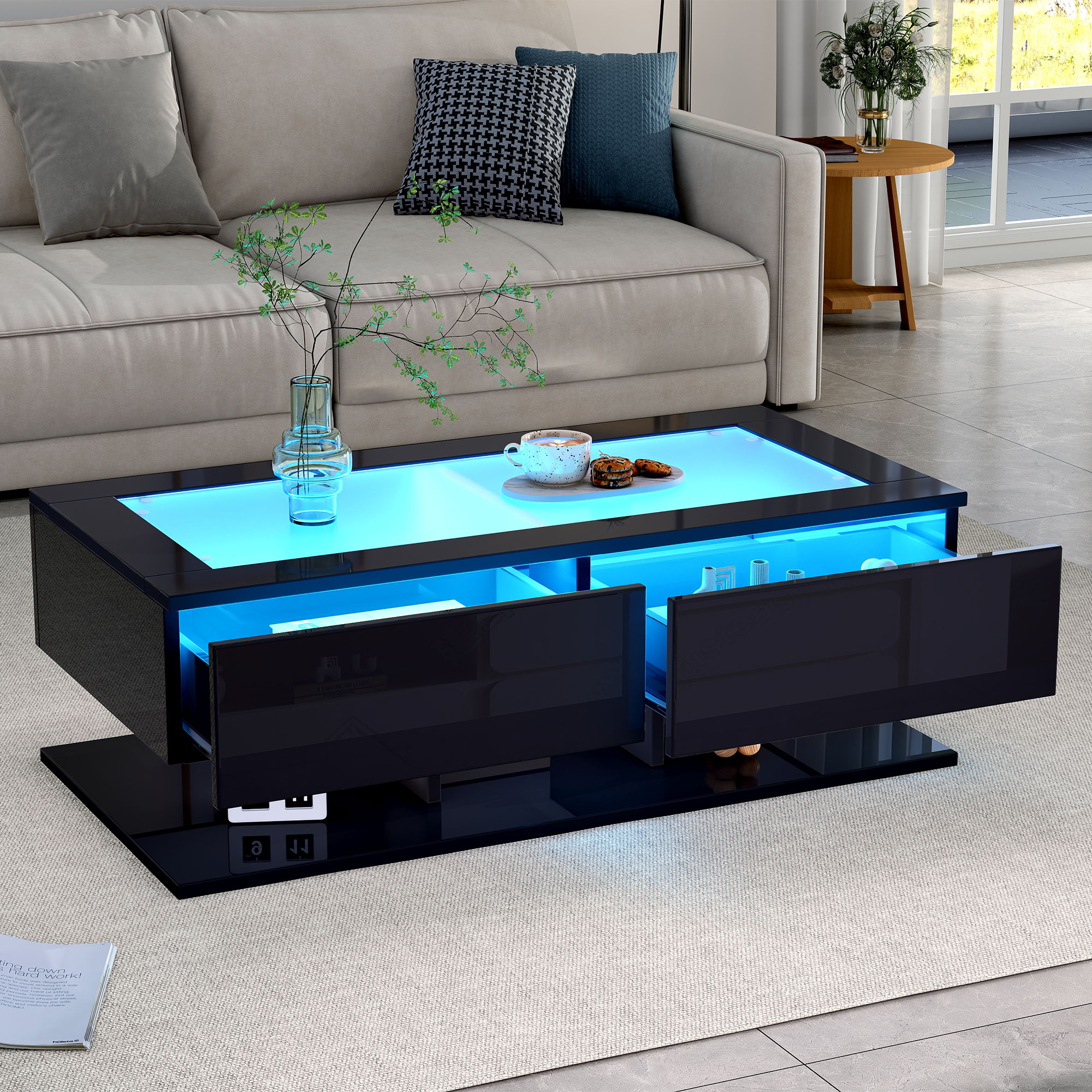 Redom Table Basse 100x50x35 Cm, 2 Tiroirs, Éclairage Led, Plateau En Verre Trempé, Panneau De Particules Noir