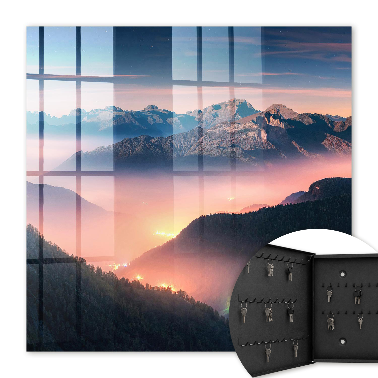 Armoire À Clés - (30 Cm X 30 Cm) - Boîte À Clés Murale - Coffret De Rangement Pour Clés - Couleur Noire - Ouverture Vers La Gauche - Pour Maison Et Bureau - Panorama Montagneux