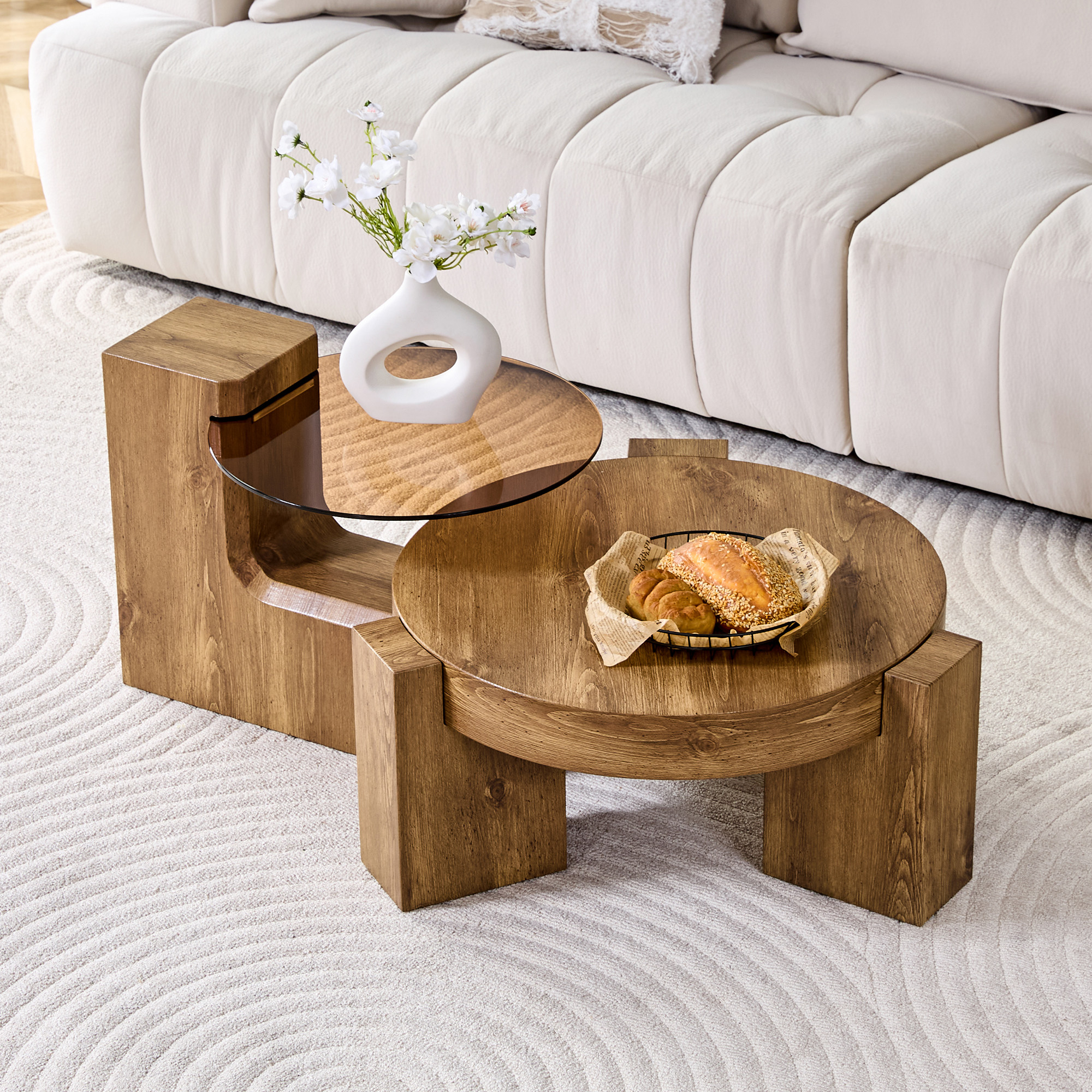 Redom Tables Basses Gigognes Ronde 61x61x30 Cm, 2 Niveaux, Mdf Et Verre Brun Teinté, Coloris Bois