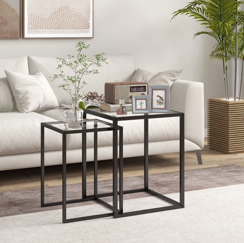 Set De 2 Tables D'Appoint Gigognes Noires, Plateau En Verre Trempé, Cadre En Acier