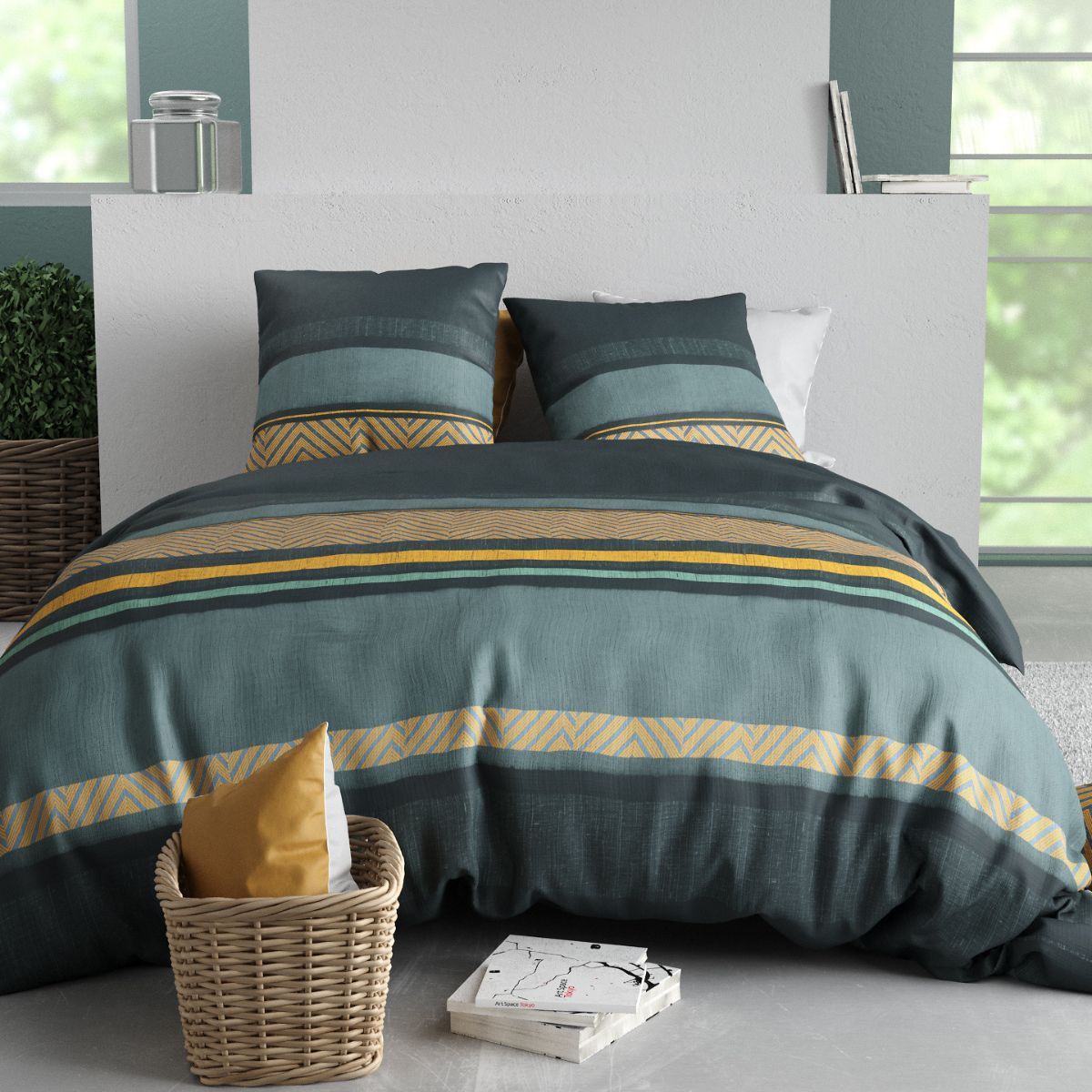 Parure Housse De Couette 240x220cm + 2 Taies Motif Graphique Bleu Et Jaune 100% Coton - Strala