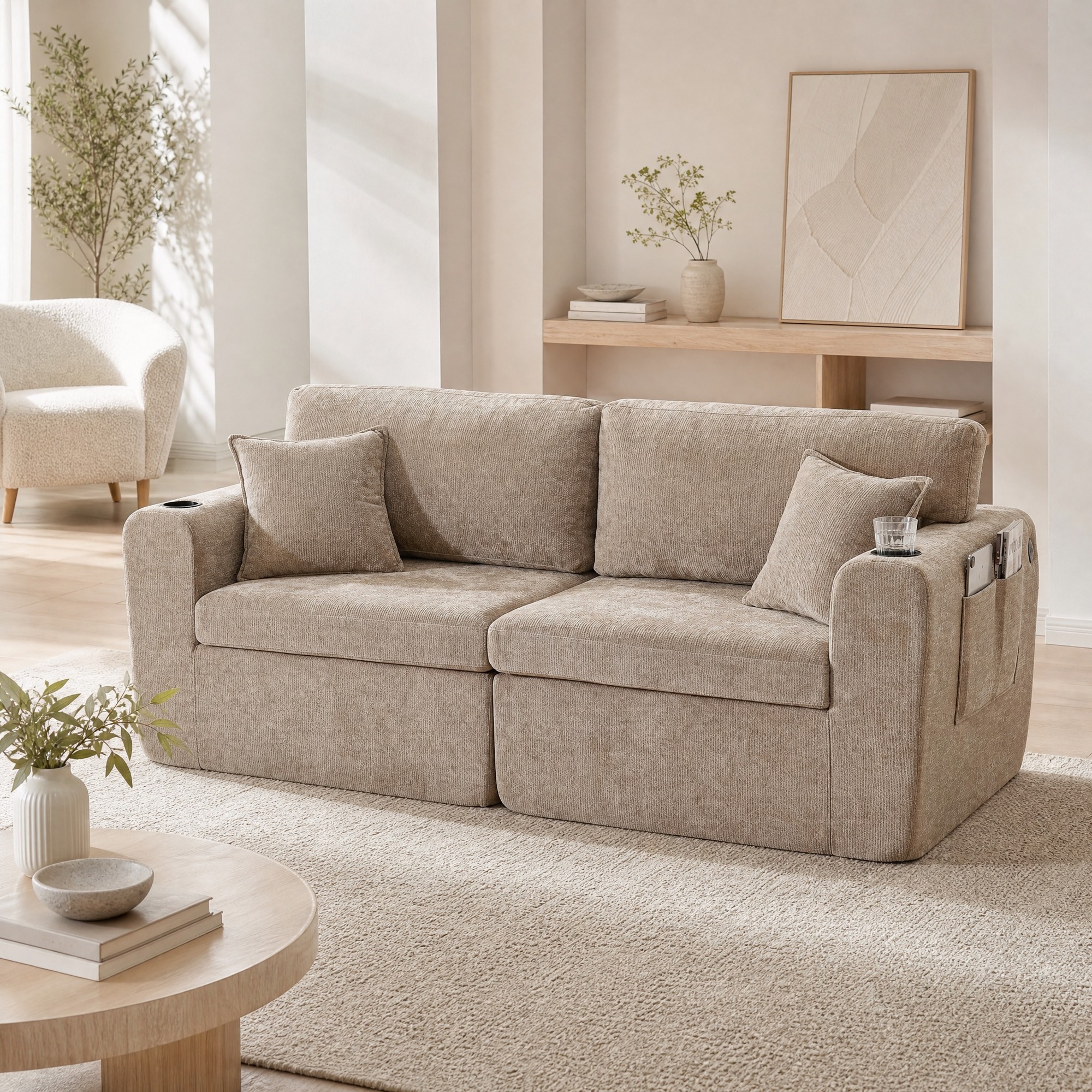 Canapé Relax 2 Places Pour Petits Espaces, Chenille Marron, Avec Porte-gobelet Et Poches