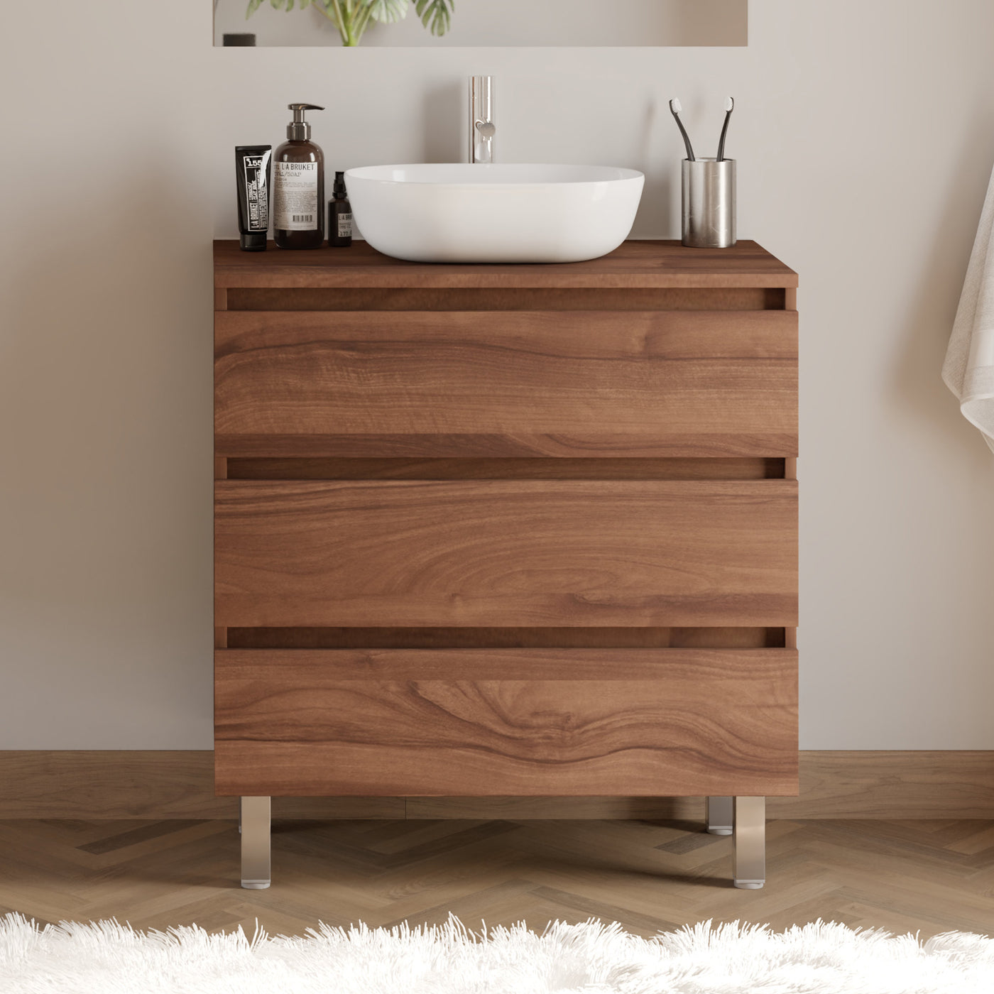 Meuble De Salle De Bain 80cm Avec Plateau Et Vasque À Poser Arrondie - 3 Tiroirs - Sans Miroir - Noyer (bois Foncé) - Mayor