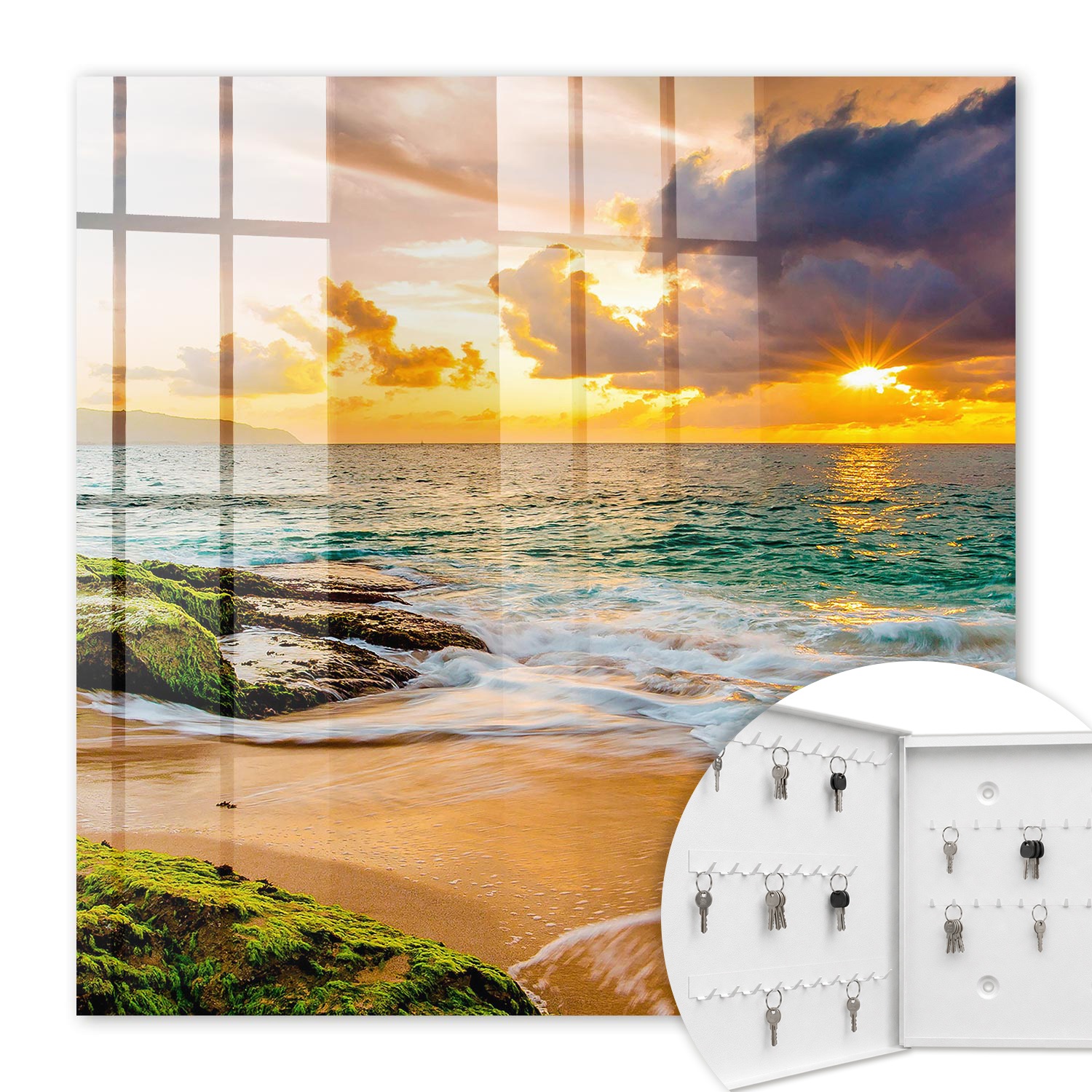 Armoire À Clés - (30 Cm X 30 Cm) - Boîte À Clés Murale - Coffret De Rangement Pour Clés - Couleur Blanche - Ouverture Vers La Gauche - Pour Maison Et Bureau - Coucher De Soleil