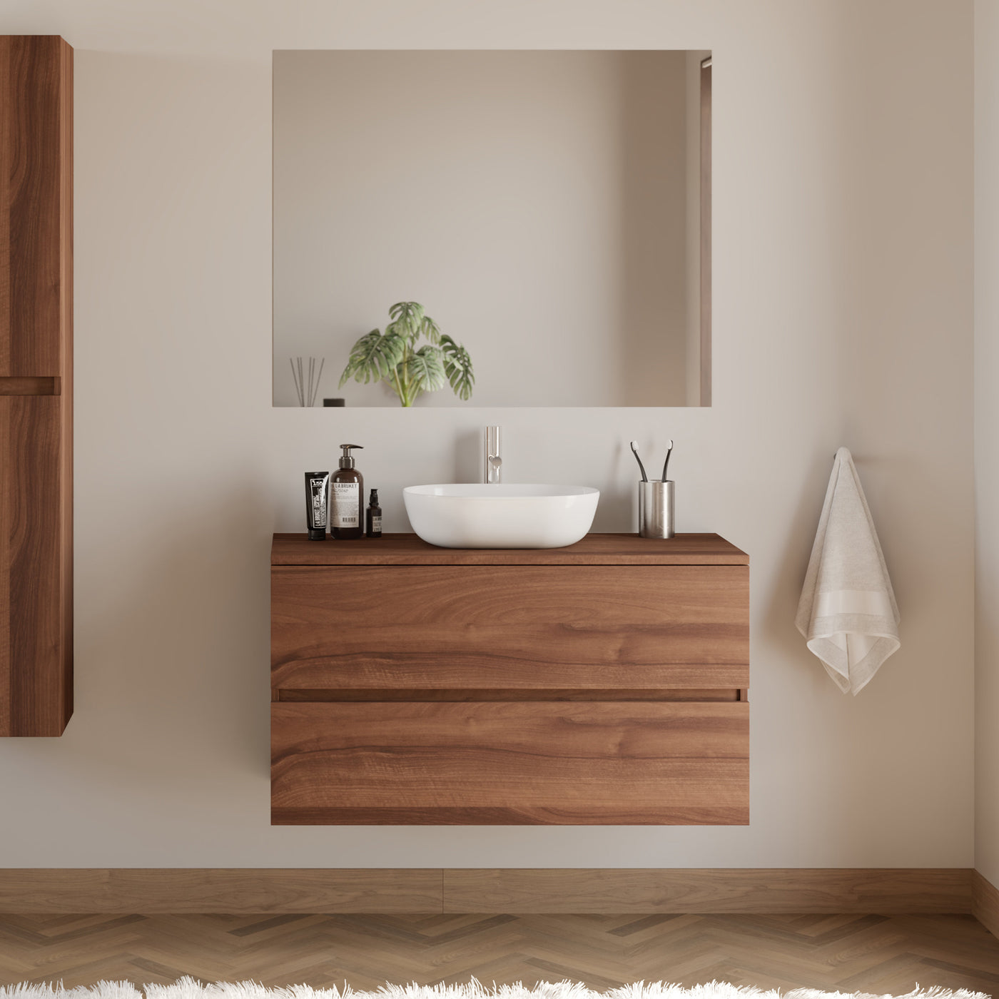 Meuble De Salle De Bain 100cm Avec Plateau Et Vasque À Poser Arrondie - 2 Tiroirs - Noyer (bois Foncé) - Ida