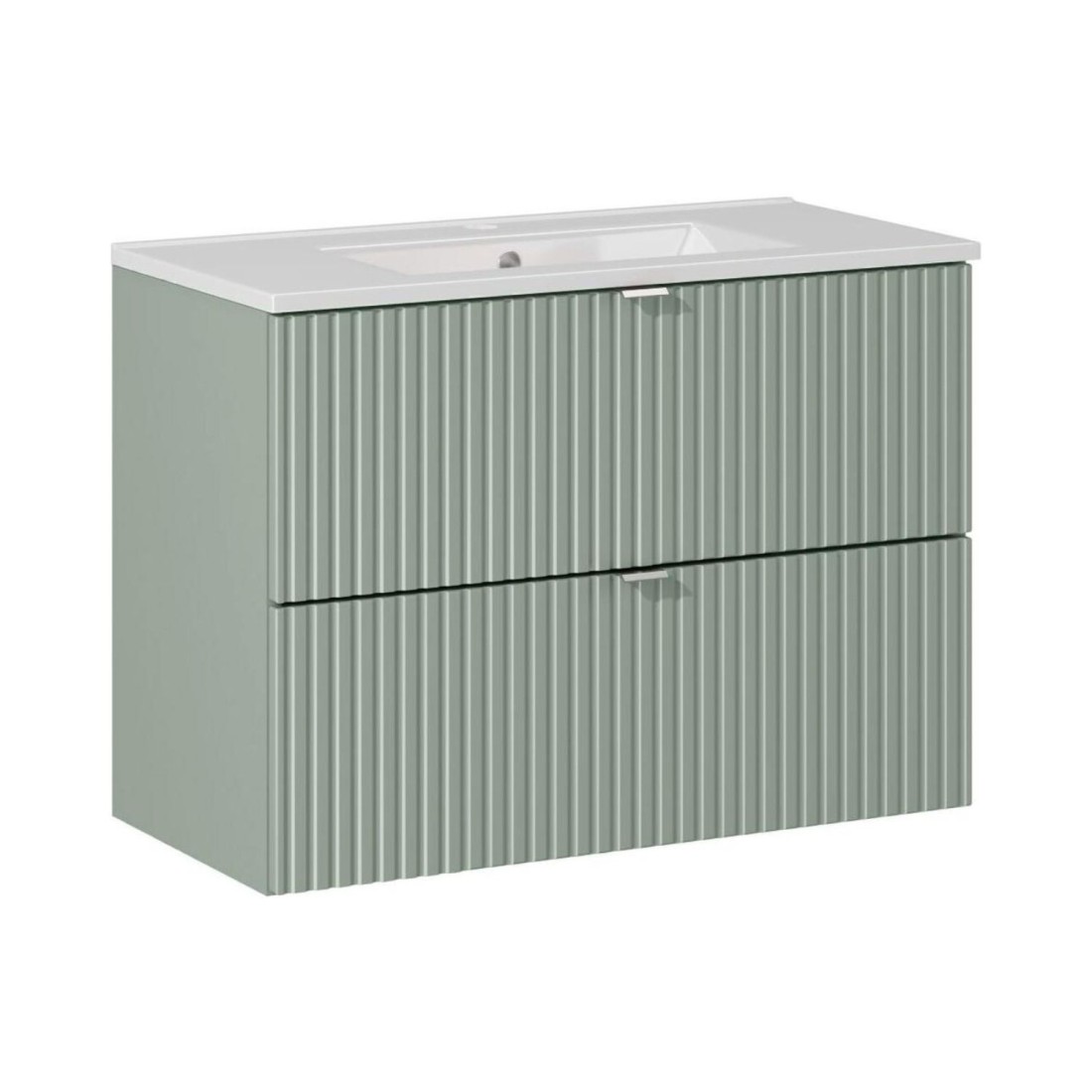 Ensemble De Salle De Bain Suspendu Elvina 80cm: Meuble Sous Vasque À Tiroirs Vert Sauge Gris + Vasque Encastrée Blanche